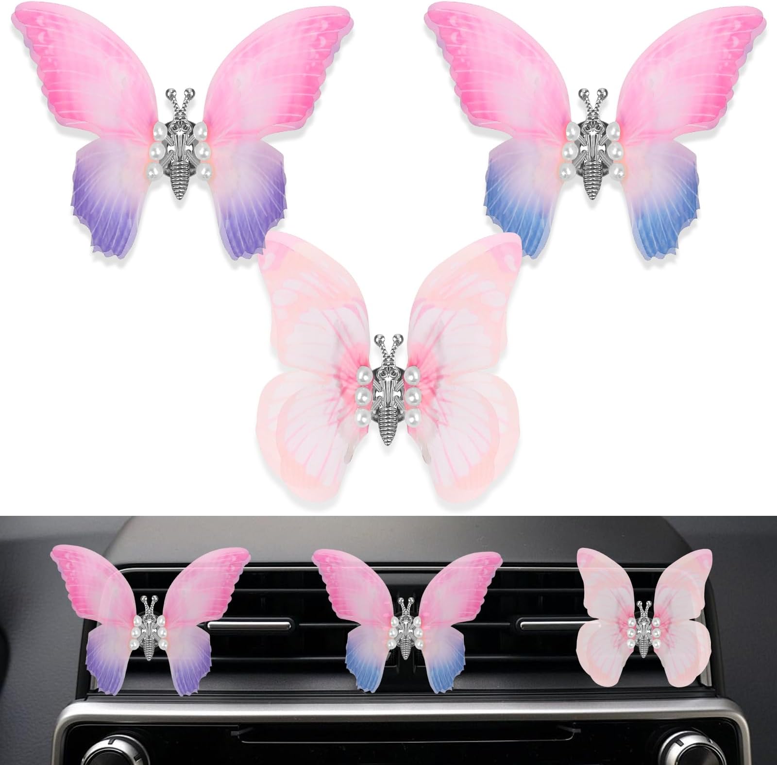 Air Vent Clip, Moving Butterfly Car Air Freshener Cute Aroma Diffuser Butterfly Decoration Charm Scented Car Interior Accessories for Women - 3 PCS