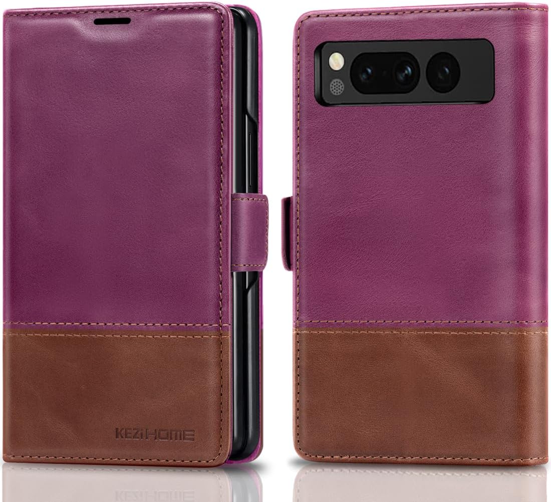 KEZiHOME Case for Google Pixel Fold, Genuine Leather [RFID Blocking] Wallet Case with Card Slots Stand Flip Phone Cover for Google Pixel Fold 5G (2023) (Purple/Brown)