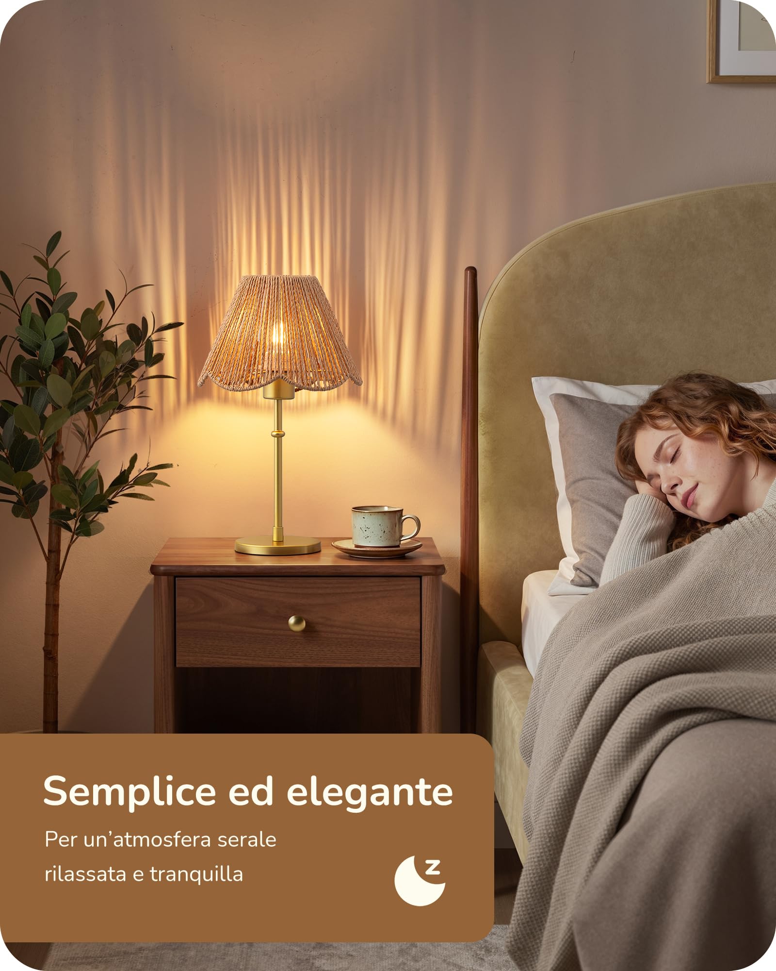 EDISHINE Lampada Tavolo E27, Paralume Corda Carta, Base Metallo Dorata | Bianco Caldo 2700 K, Paralume in Corda Carta Intrecciata a Mano, Lampadina LED Inclusa, Decorativo per Camera, Soggiorno