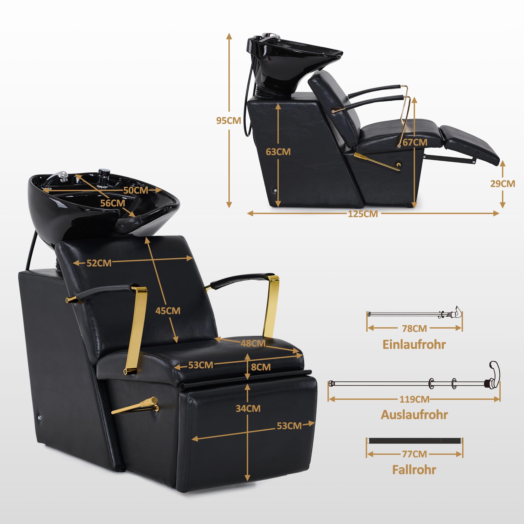 Barberpub Silla de peluquería con lavabo, lavadero de peluquería, lavabo de cerámica ajustable, sillón de peluquería para spa salón, reposapiés plegable, 8670GBK