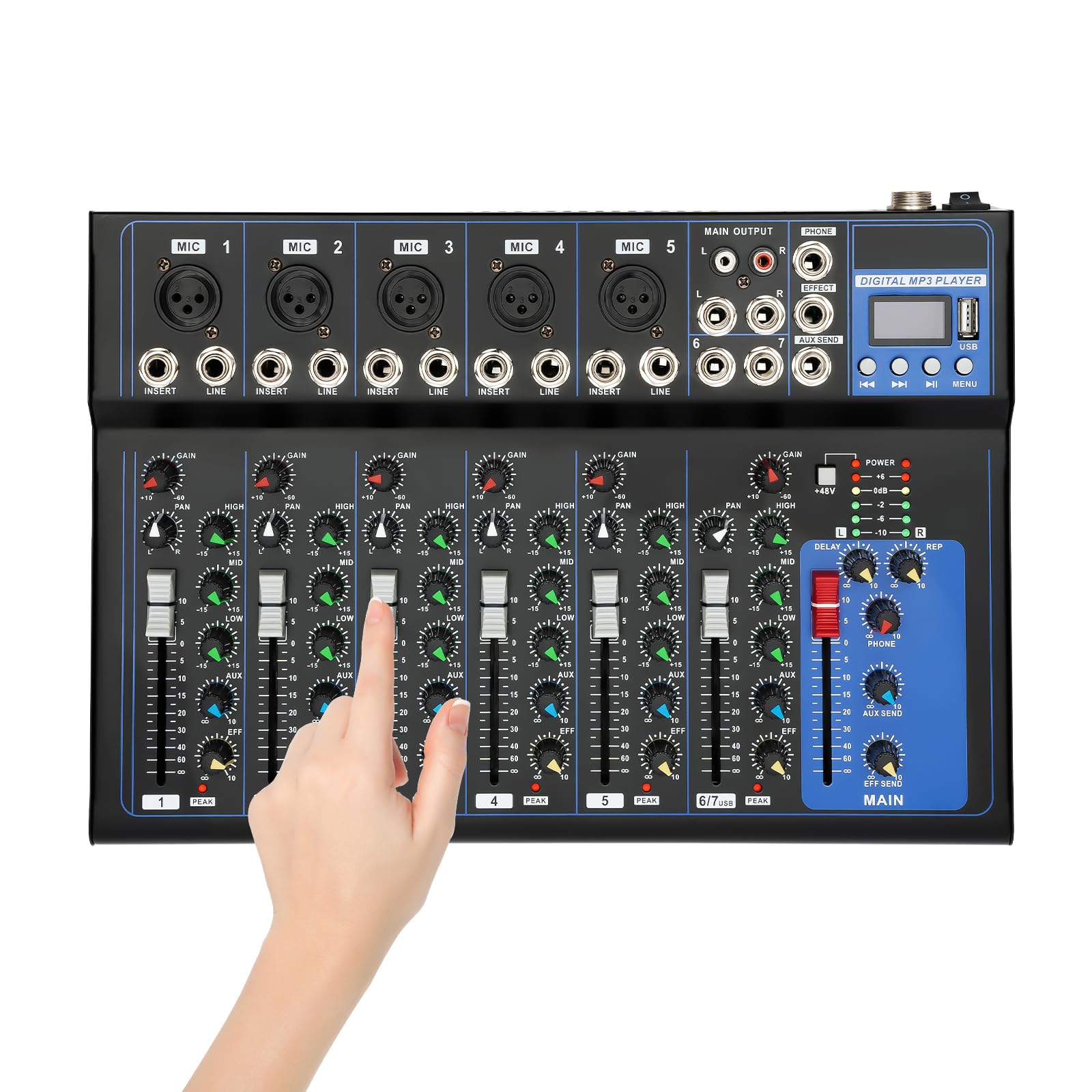 Mixer audio a 7 canali portatile Bluetooth audio mixer mixer professionale console USB Bluetooth + 48 V XLR Phantom Power DJ Live Karaoke