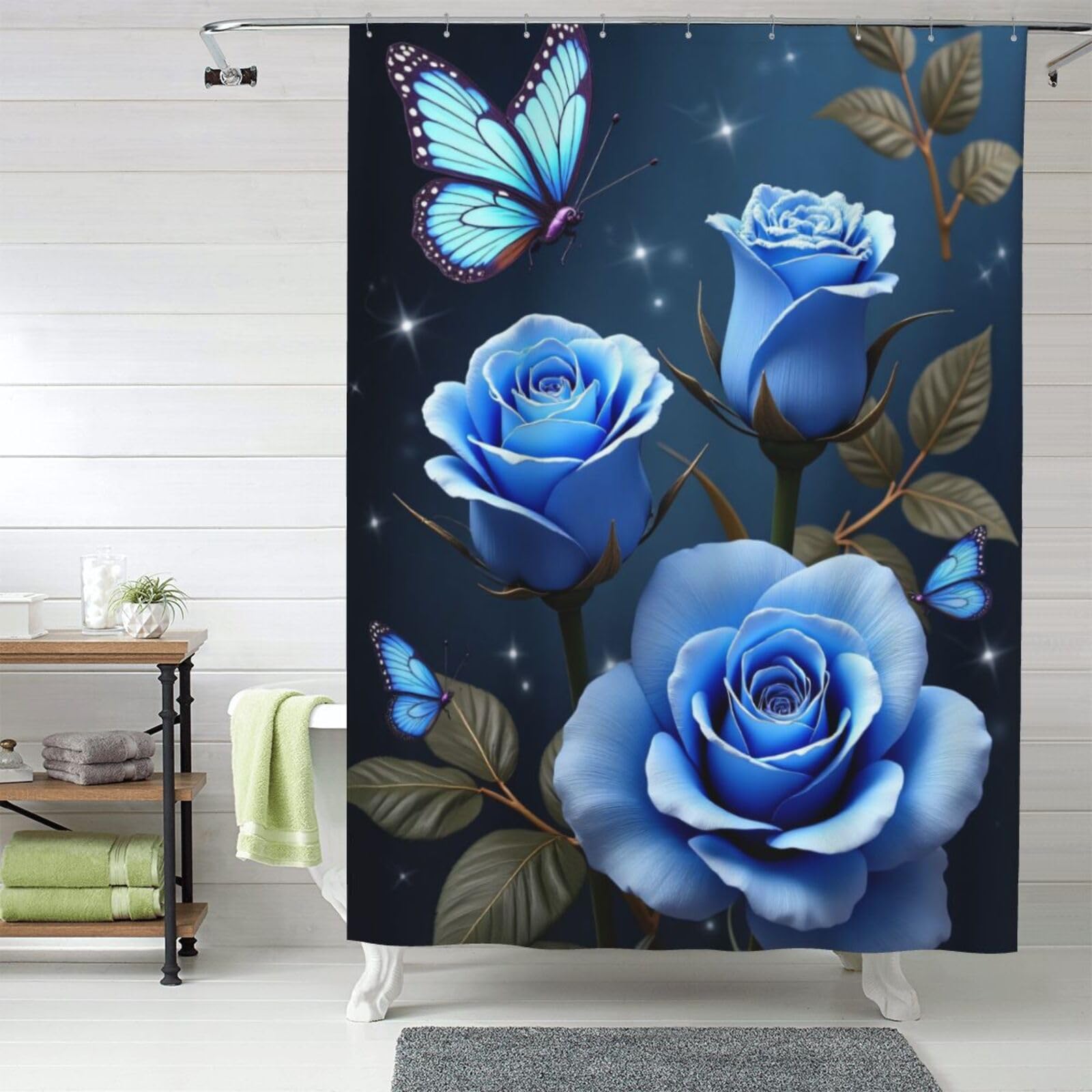 Rideau de douche anti regard en tissu lavable papillon rose bleu 152 cm