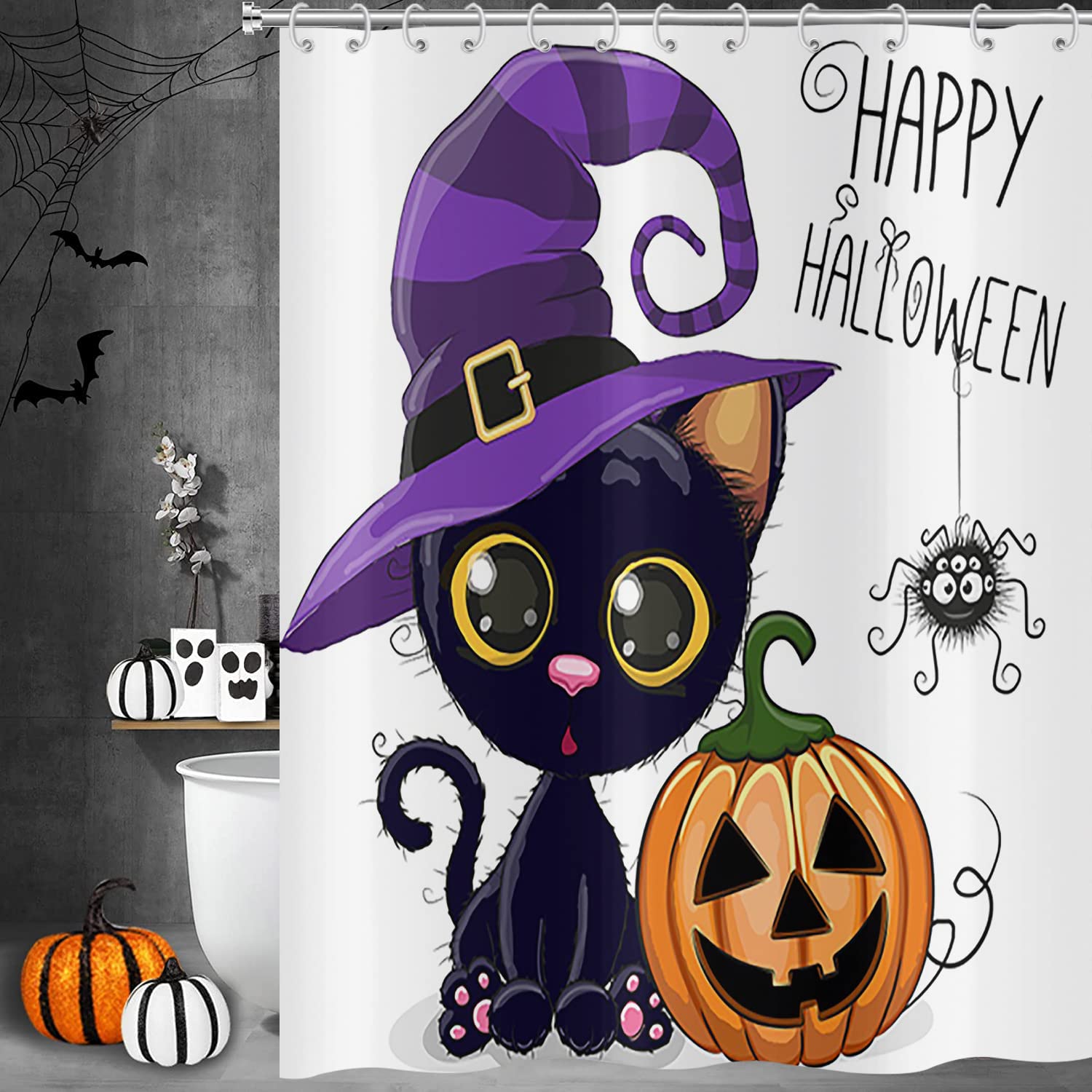 Tenda da doccia Halloween 165x180, divertente gatto nero strega cappello ragno fantasma zucca bambini vacanza tenda da bagno impermeabile poliestere tessuto lavabile tenda da bagno con ganci