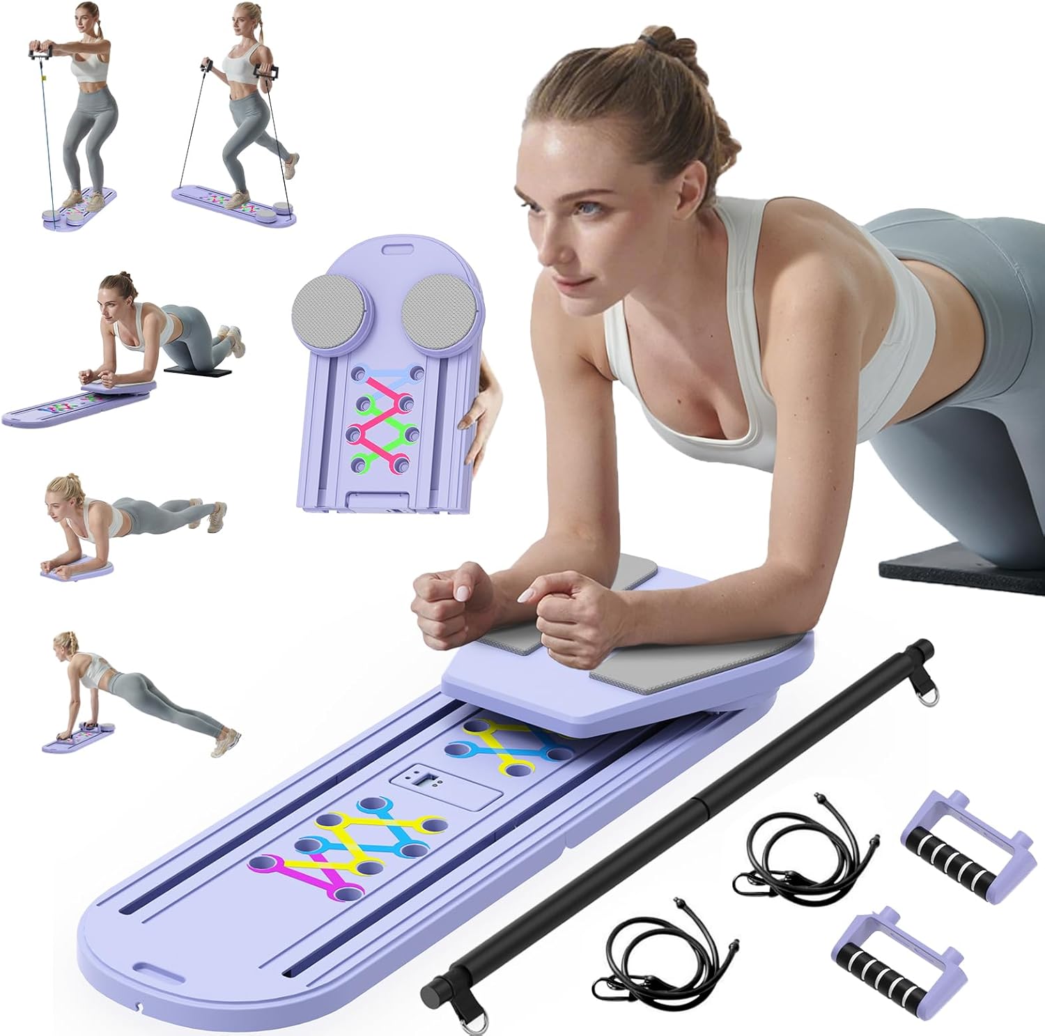 Pilates Board - 2025 Updated Pilates Reformer Machine Set, Multi-Purpose Foldable Pilates Reformer Board for Home, 6 in 1 Pilates Sliding Board