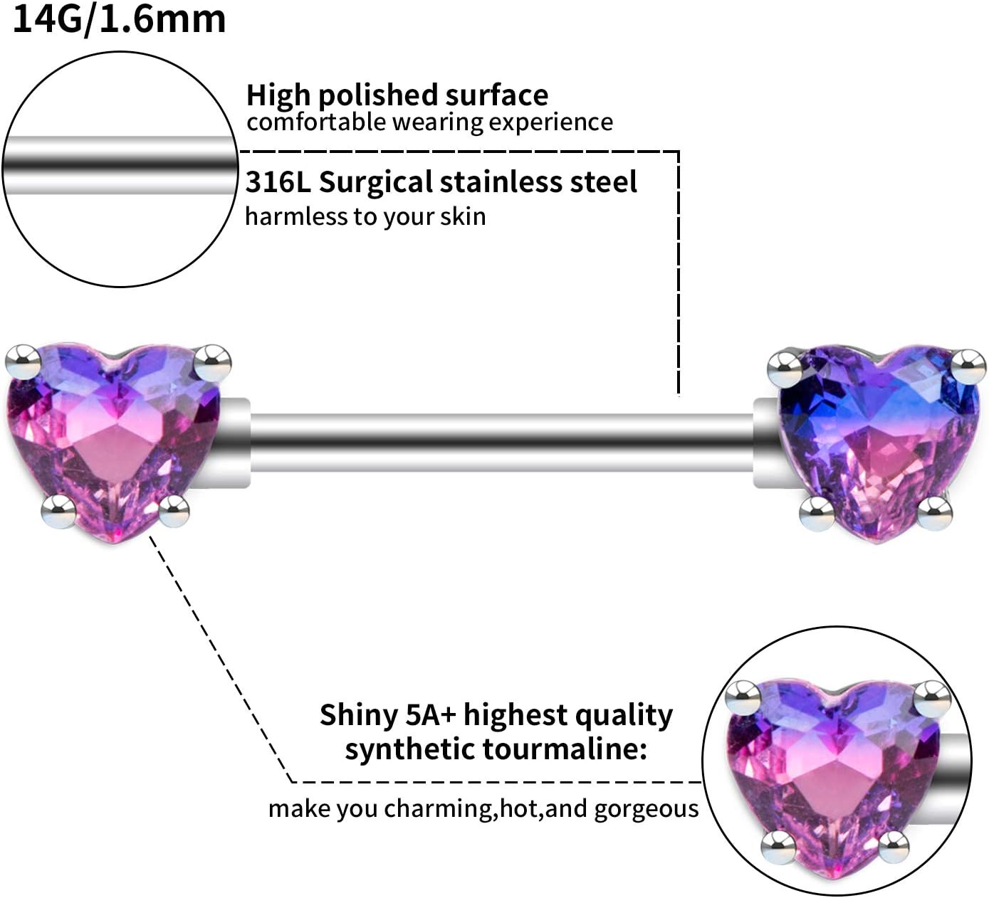 Excepro 2PCS Nipple Barbell 316L Surgical SS PVD Plated Multi-color Red Blue Rainbow Pink Purple CZ Heart shaped Nipple Piercing Shiny Sparkingly Nipple Rings - Image 4