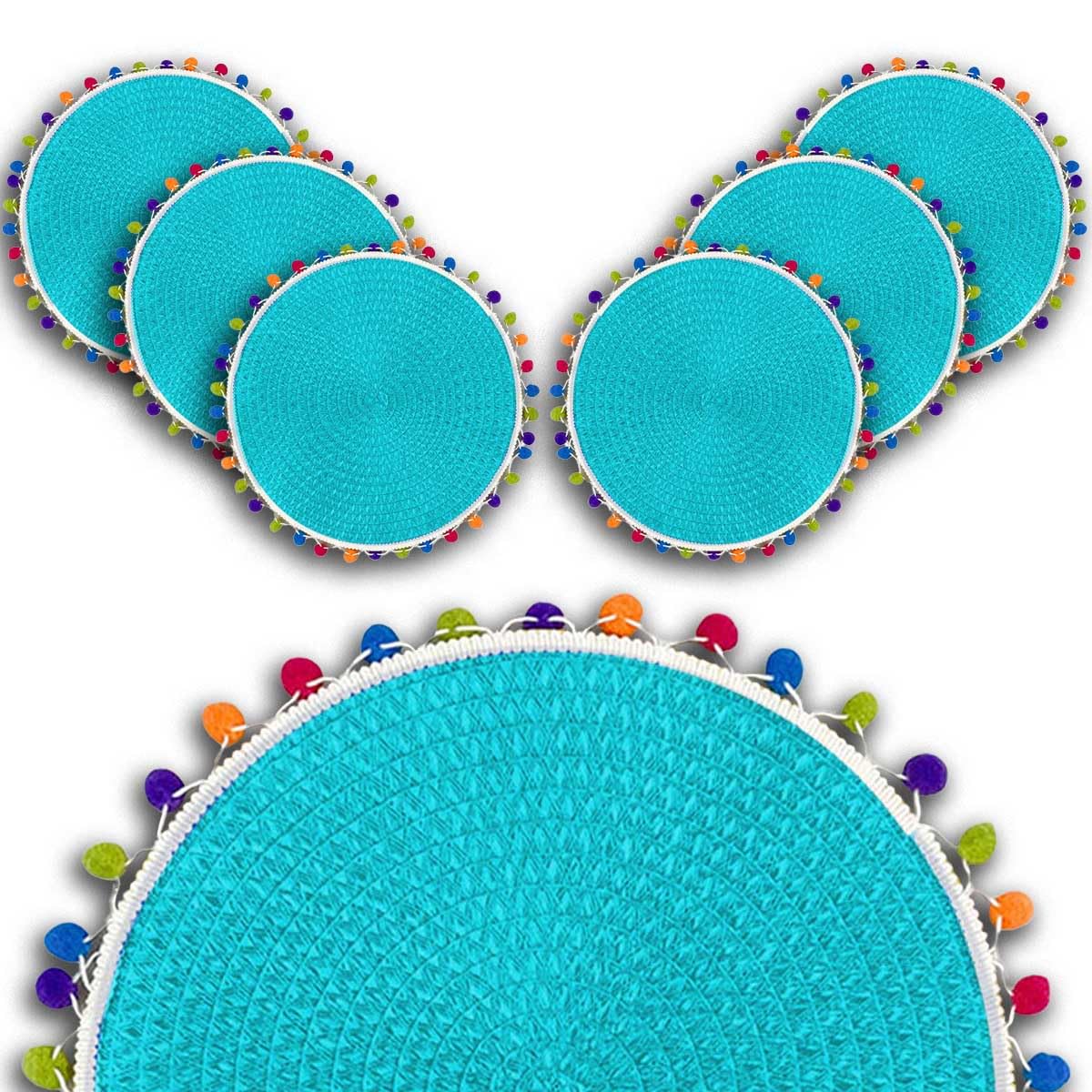 ARCA, Set di 6 Sottopiatti Rotondi, per 6 Persone, Ideali per la Tavola, Resistenti e Duraturi, Realizzati in Poliestere, Colore Azzurro, Diametro 38 cm