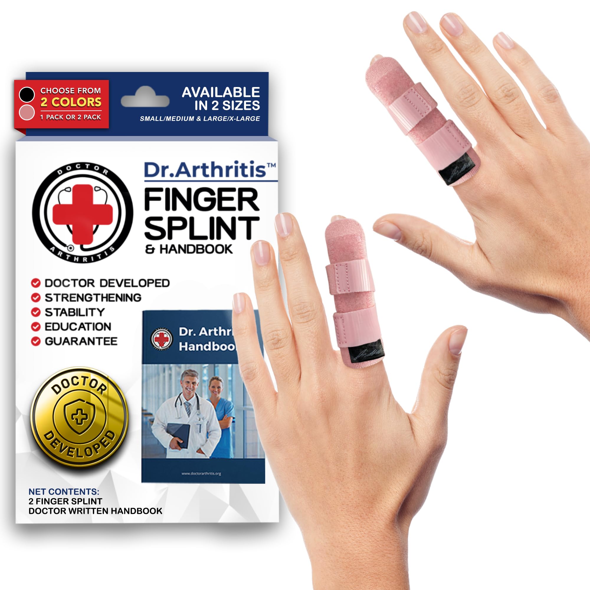 Dr. Arthritis Doctor Developed Finger Splint Trigger Finger Brace - Braces, Splints & Supports Index, Middle, Ring & Pinky Finger - Padded Finger Splints for Straightening (Pink, L/XL, 2 Pack)ClimatePartner certified