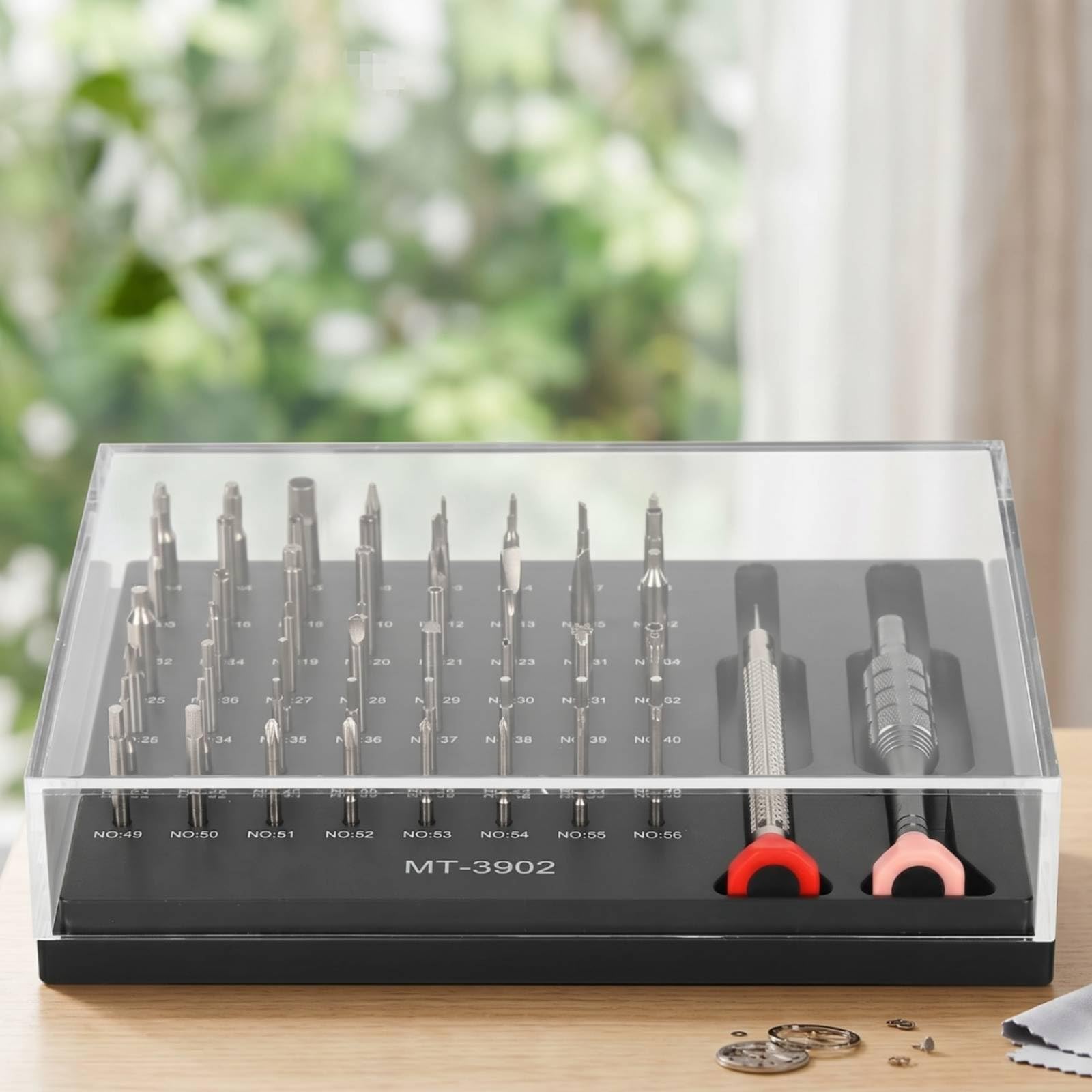 Präzisionsschraubendreher set mit 56 Wechselbits Und Basis Tablett für Uhrenreparatur Werkzeug Koffer mit Metall Griffen für Uhrmacher Juweliere Feinarbeit
