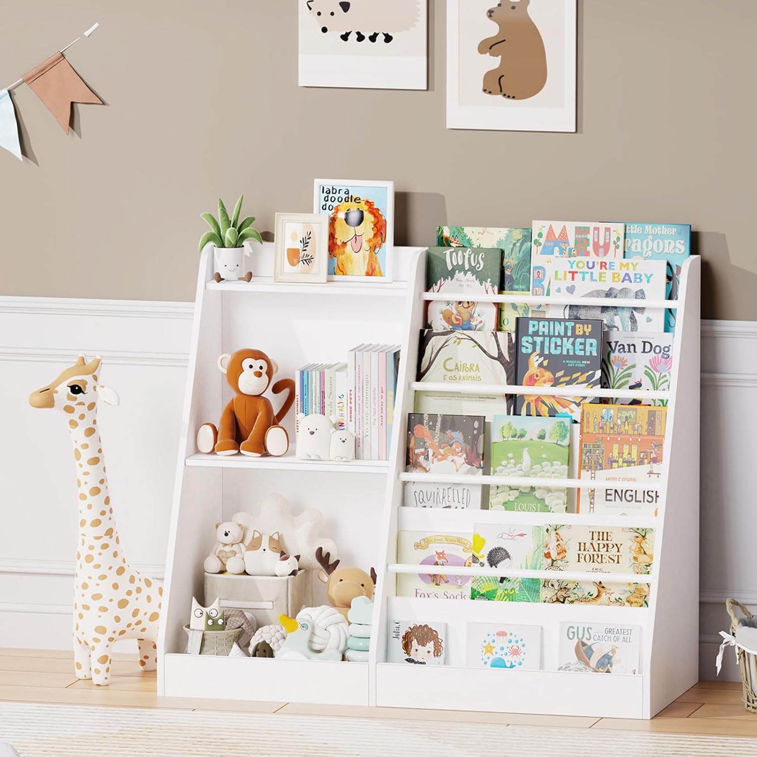Lkeiyay Kinder-Bücherregal und Spielzeugaufbewahrung, Kinderzimmer-Bücherregal, einseitiges Bücherregal mit Aufbewahrung, Weiß