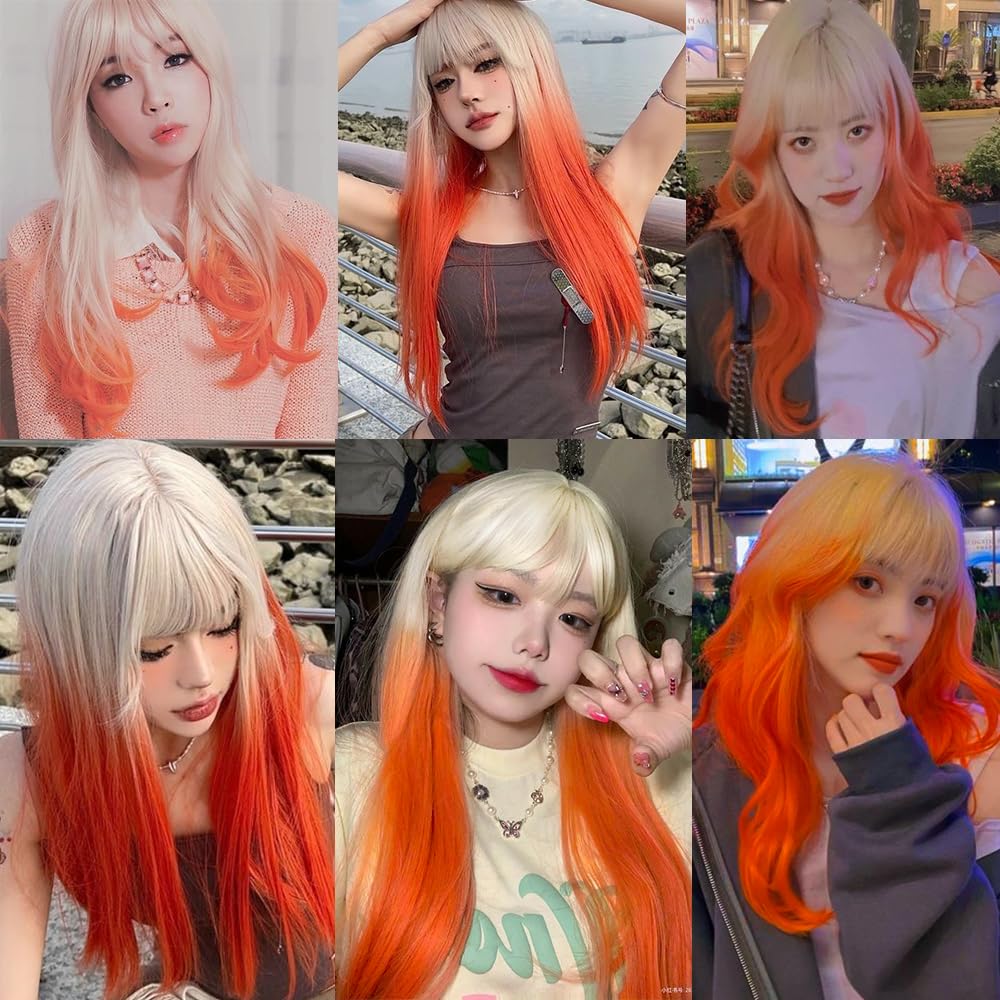 Missyvan White Orange Wigs with Bangs for Women Long Straight White Ombre Color Synthetic Wigs Heat Resistant Fiber Costume Halloween Party Wigs for Women