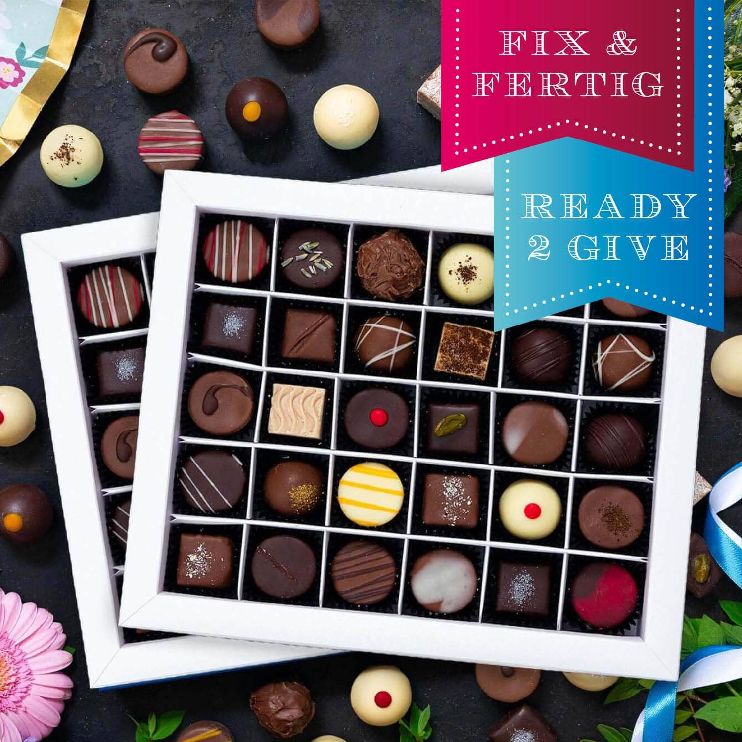 Hallingers Genuss Manufaktur Pralinen Valentinstagsgeschenk - ohne Alkohol, handmade aus Edelkakao Doppelpack in wertiger Geschenkbox "Pink&Blue Heart...", Valentintstag für Frauen Männer