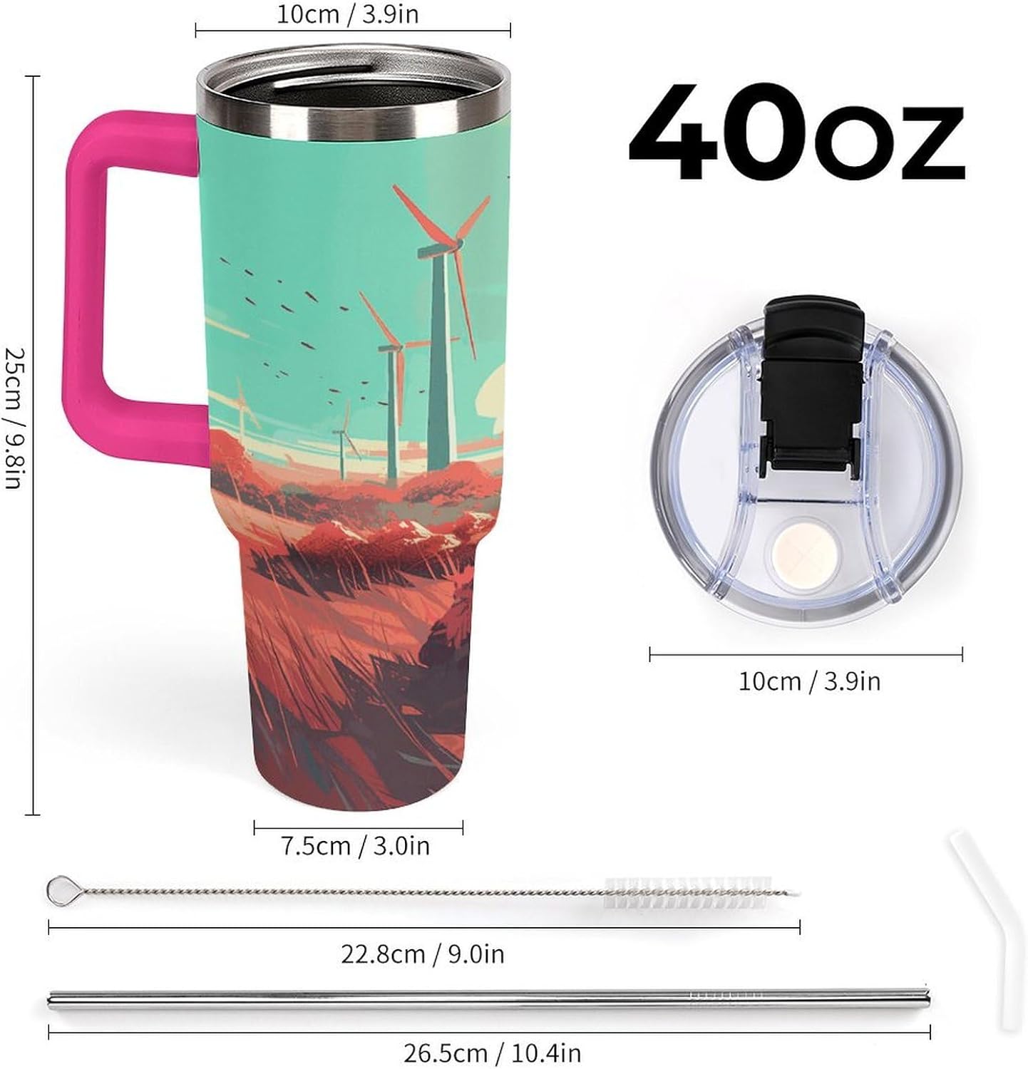 Windmill in Field Tumbler 40 Oz with Handle&Lid Large Car Cup Stainless Steel Vacuum Travel Mug Insulated Water Bottle Leak-proof Portable Coffee Cup for Home Car Outdoor