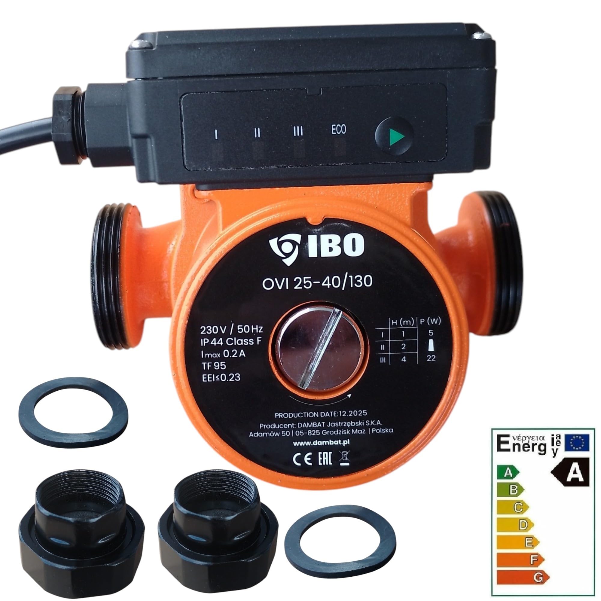 Hocheffiziente IBO 25-40/130 Umwälzpumpe, Heizungspumpe für Warmwasser, 230V, Nassläufer, Anschlüße 1 1/2", (OVI 25-40/130)
