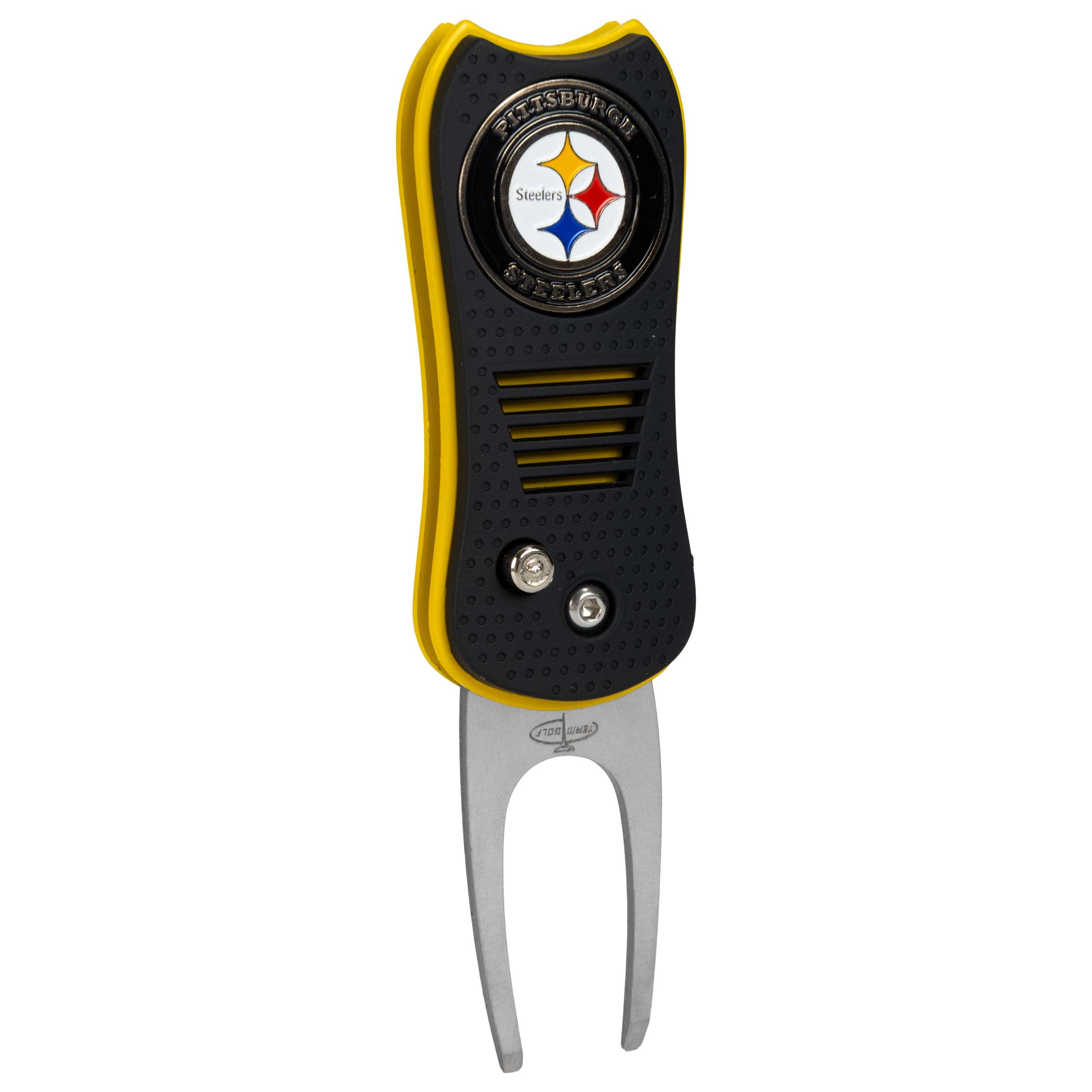 Team Golf NFL Pittsburgh Steelers Retractable Divot Tool with Double-Sided Magnetic Ball Marker, Features Patented Single Prong Design, Causes Less Damage to Greens