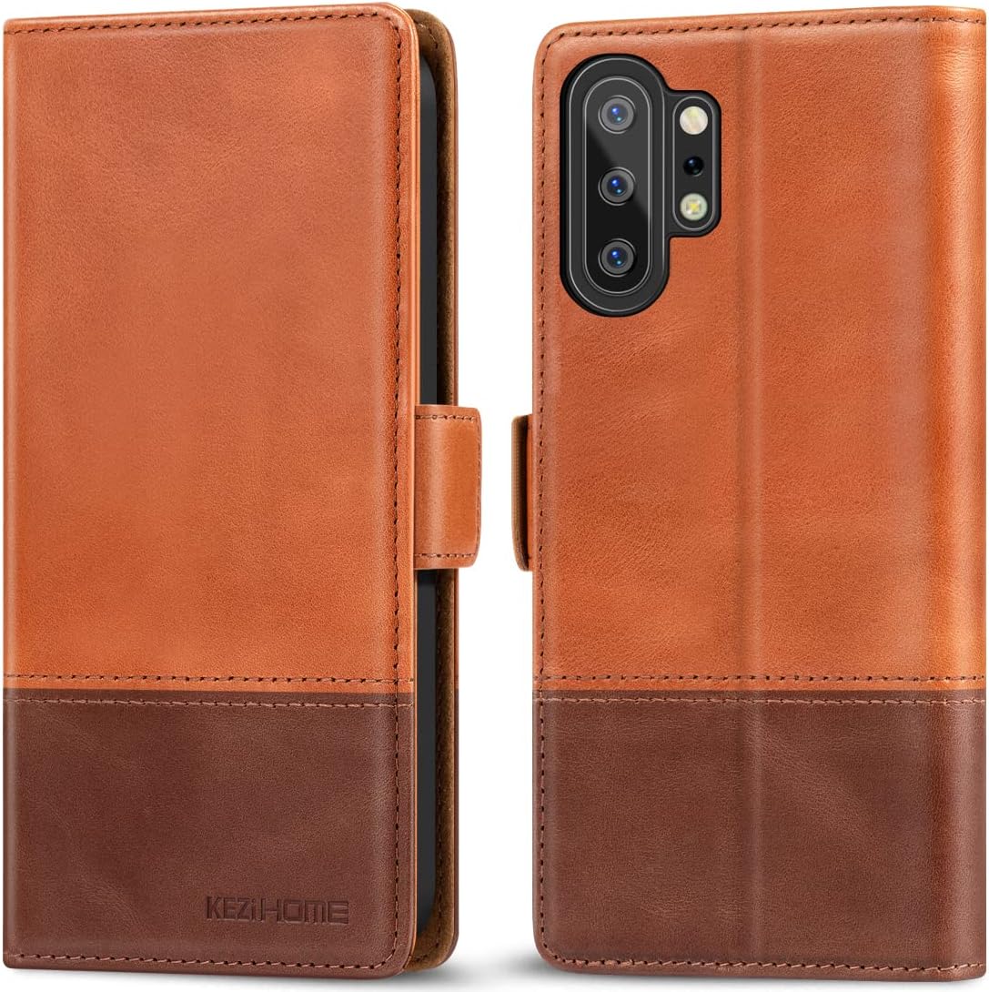 KEZiHOME for Samsung Galaxy Note 10+ Plus Case, Genuine Leather Note 10 Plus 5G Wallet Case RFID Blocking Credit Card Slot Flip Magnetic Stand Case Compatible with Galaxy Note 10Plus (Khaki/Brown)