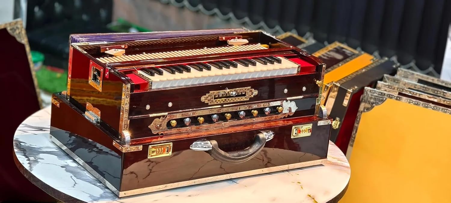 NamasteHimalayas Premium 3-Reed, 9-Scale Changer Professional Harmonium – Mahogany Glossy Finish with Stunning Brass Decoration Touch