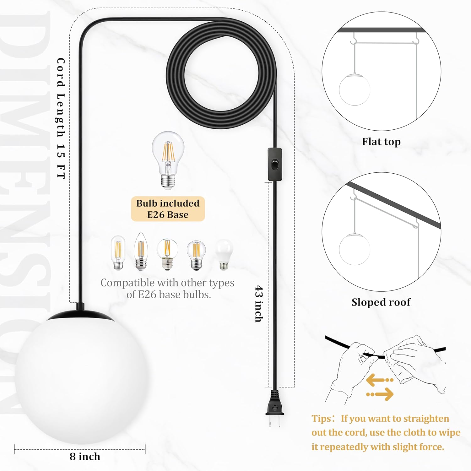 KoKo&Yukina 8" Globe Pendant Light Black Plug in Pendant Light Adjustable Hanging Lights with Plug in Cord Matte Black Finished with Milk Glass Lampshade for Bedroom Kitchen Island（Bulb Included）