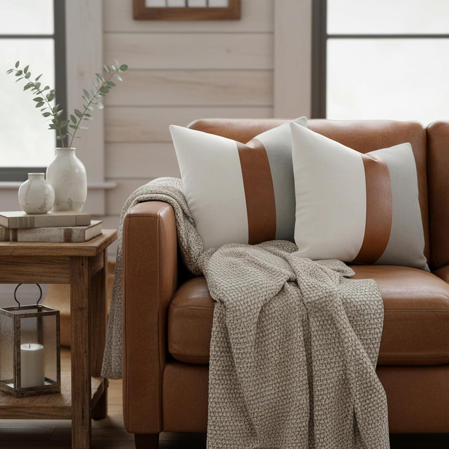 Set of 2 Decorative Light Grey and White Throw Pillow Covers 20x20 Rustic Cotton Sofa Pillowcase,Modern Faux Leather Pillow Case for Living Room Couch Bed Farmhouse Boho Home Decor