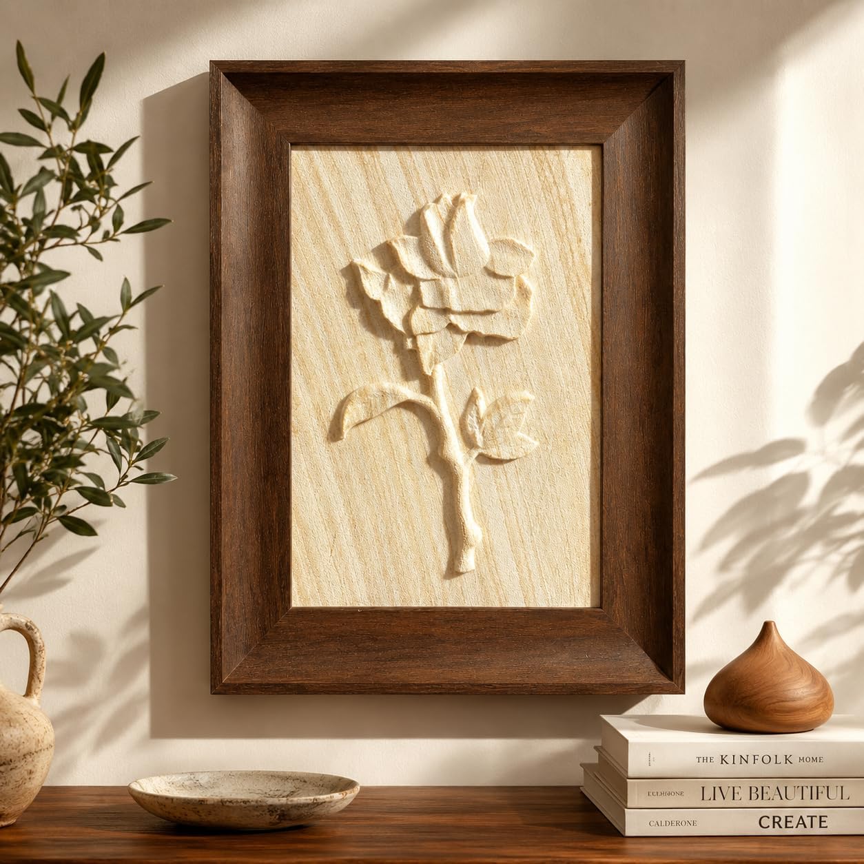 CNTBO 3D Textured Wall Art, Ready-to-Hang Handmade Sandstone 3D Floral Wall Art Decor for Bathroom, Bedroom, Living Room or Office, Rustic Nature Wall Déco, Small Modern 3D Art Wall Decor Beige