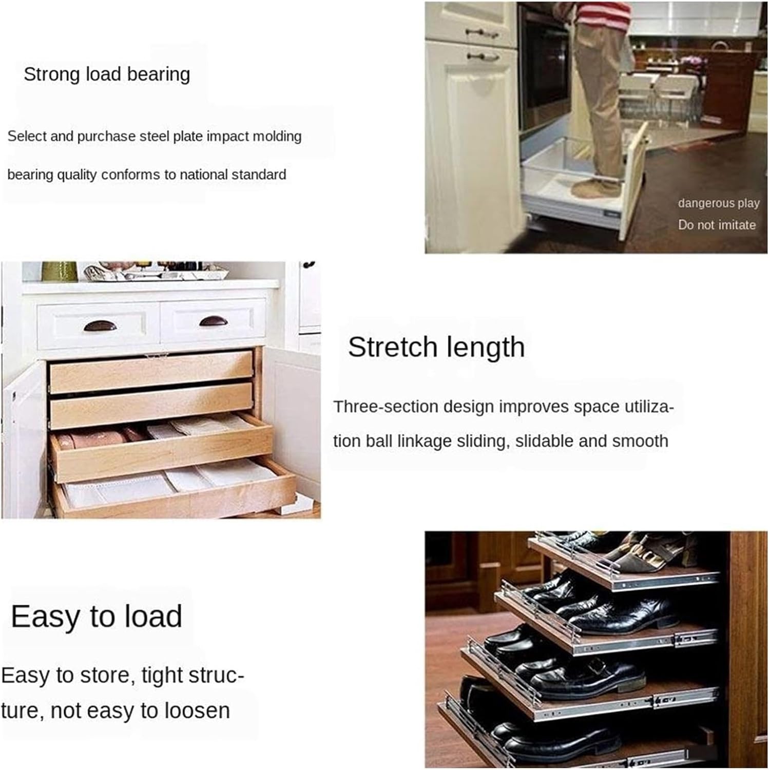 Side Mount Cabinet Runners Glides Heavy-Duty Slide Drawer Track Thicken 3-Section Silent Slideway Three-Section Rail Cabinet Door Hardware(25cm)