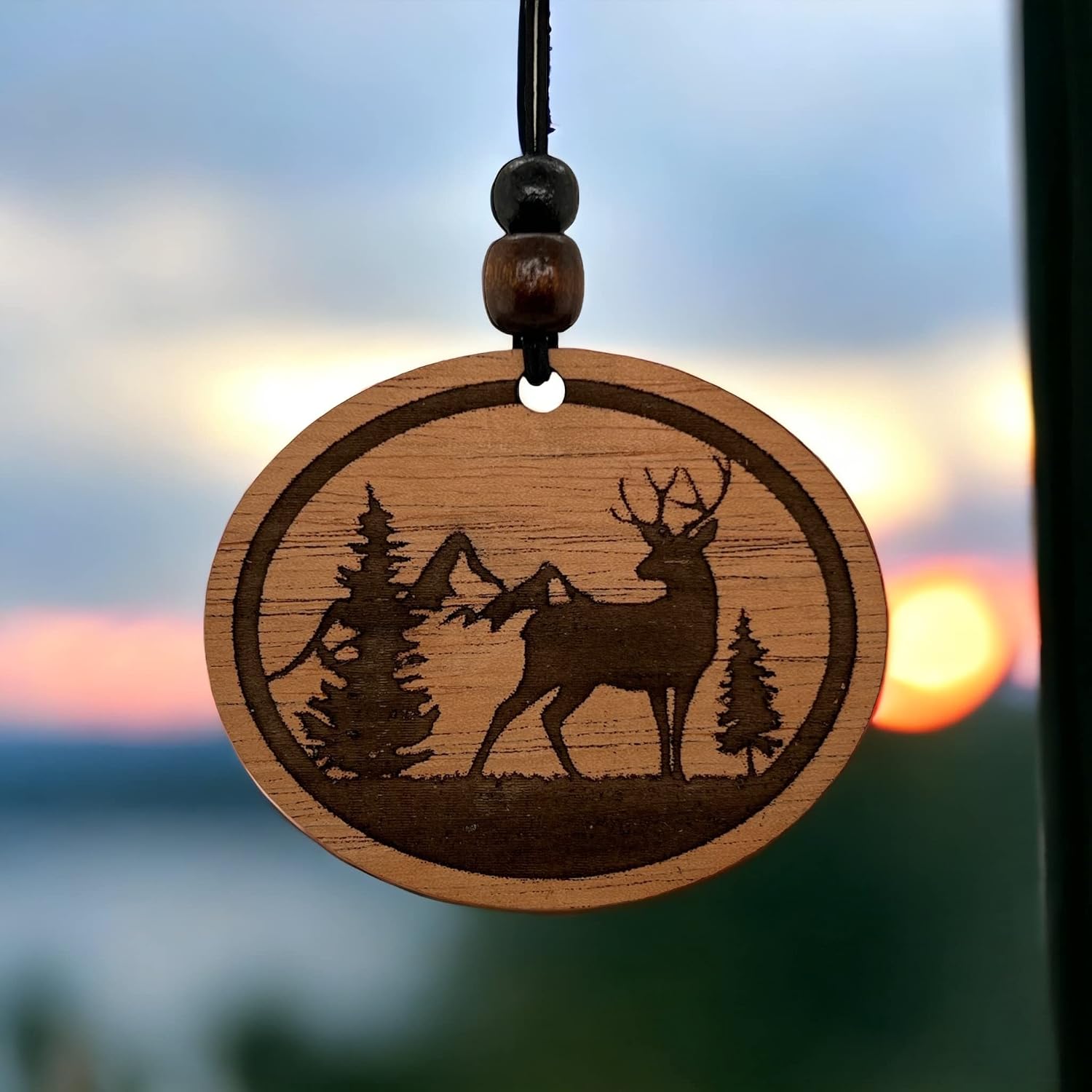 Personalized Car Air Freshener, Wood Diffuser and Fragrance Oil Set, Custom Message, Rearview Mirror Charm, Mountain Deer, Auto Accessory for Men, Dad, Father, Hunter, Hunting (Mountain Rain)