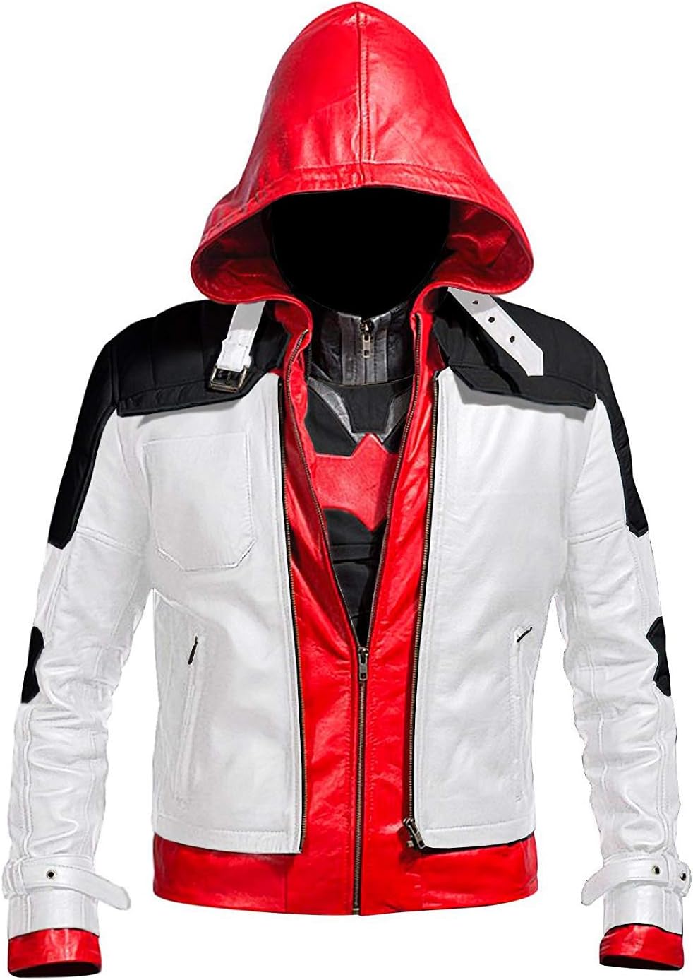 LasumisuraReplica Style Red Hood Men's Faux Leather Jacket + Vest, 04a - Red-black-white - With Polyster Lining, M