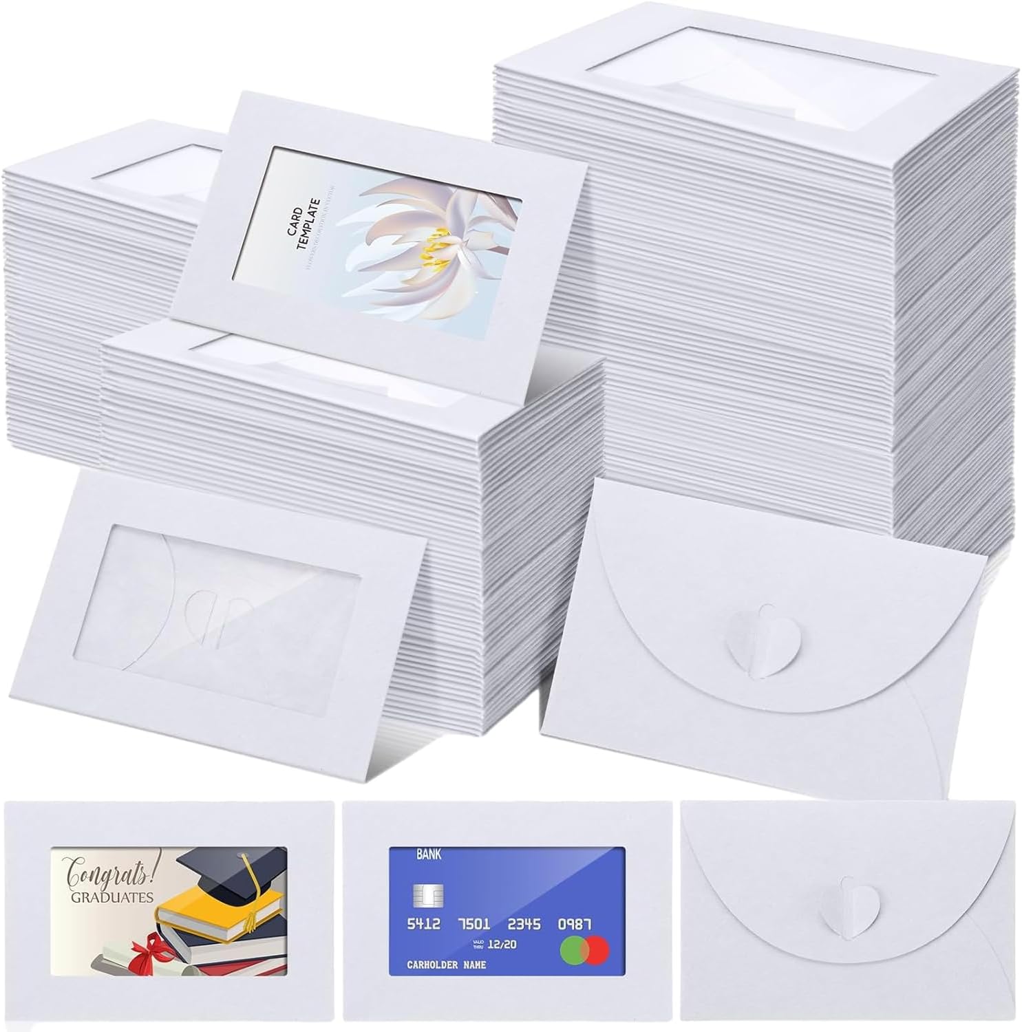 300 Pcs Window Gift Card Envelopes，4 x 2.8 Inch Mini Paper Envelopes, Elegant Gift Card Envelopes with Heart Shaped Clasp for Holidays Party Business Gift Cards Invitation (White)