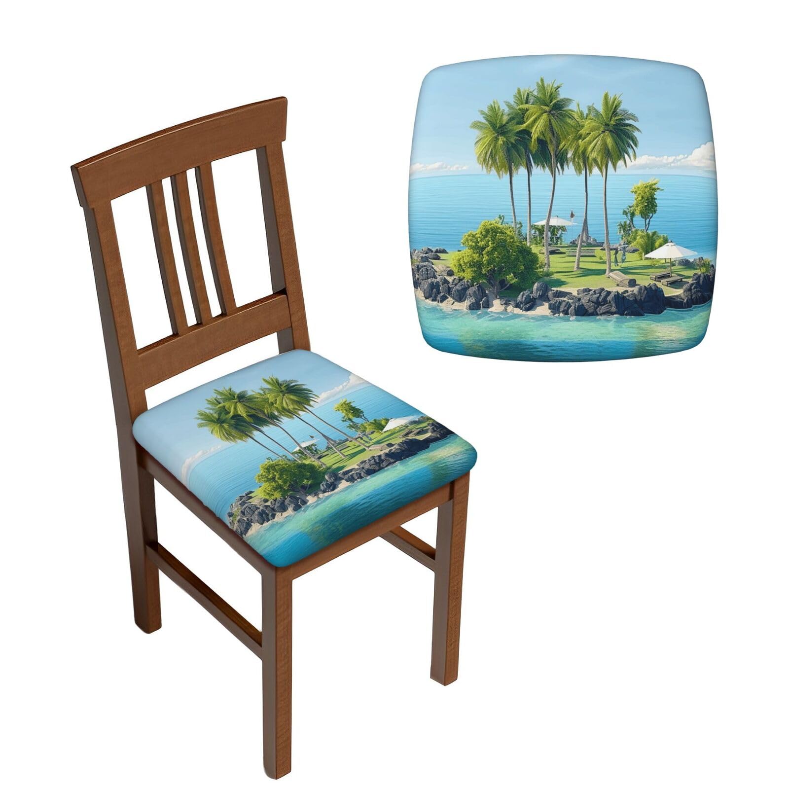 NONHAI 6PCS Dining Chair Seat Covers Set Ocean Island Stretch Removable Chairs Covers Washable Seat Cushion Slipcovers Protector for Dining Room Kitchen Chairs