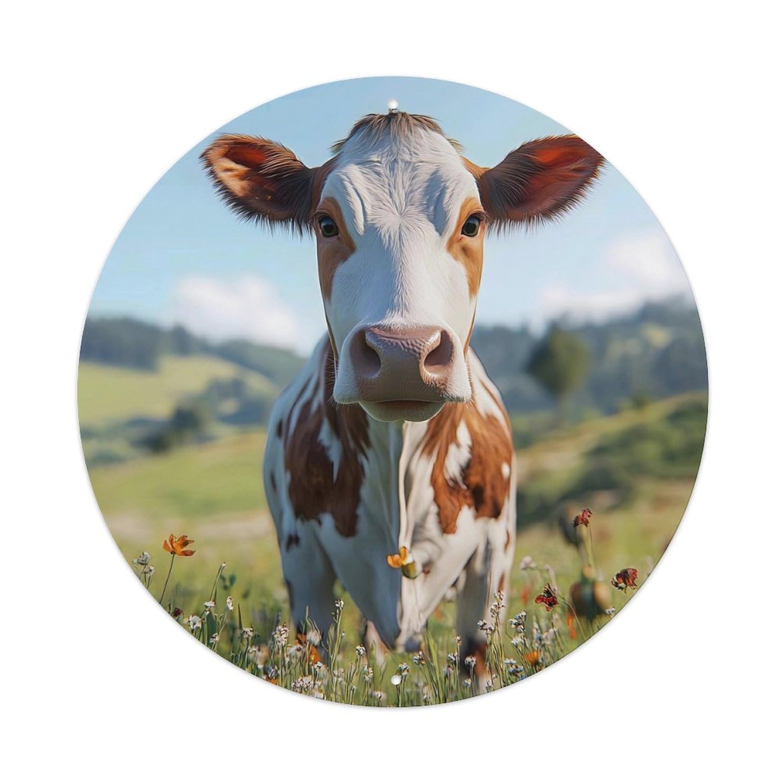 Cwbufd Vintage Style Holstein Cow Animal Realistic Pasture Landscape With Wildflowers Vintage Metal Tin Sign Plaque Wall Decor For Cafe, Club Bar, Office, Garden Metal Poster 8X8inch