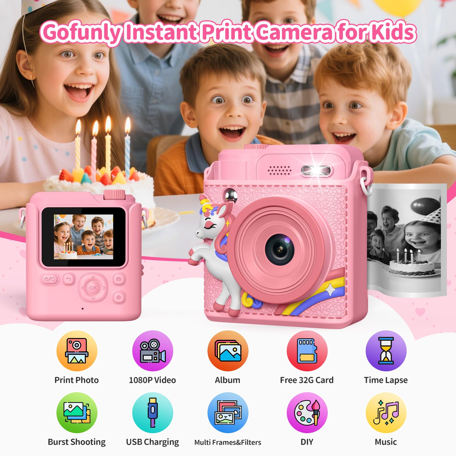 Gofunly Kids Camera Instant Print, 1080P Digital Camera for Kids with 32GB Card & 5 Print Paper Rolls - Image 2