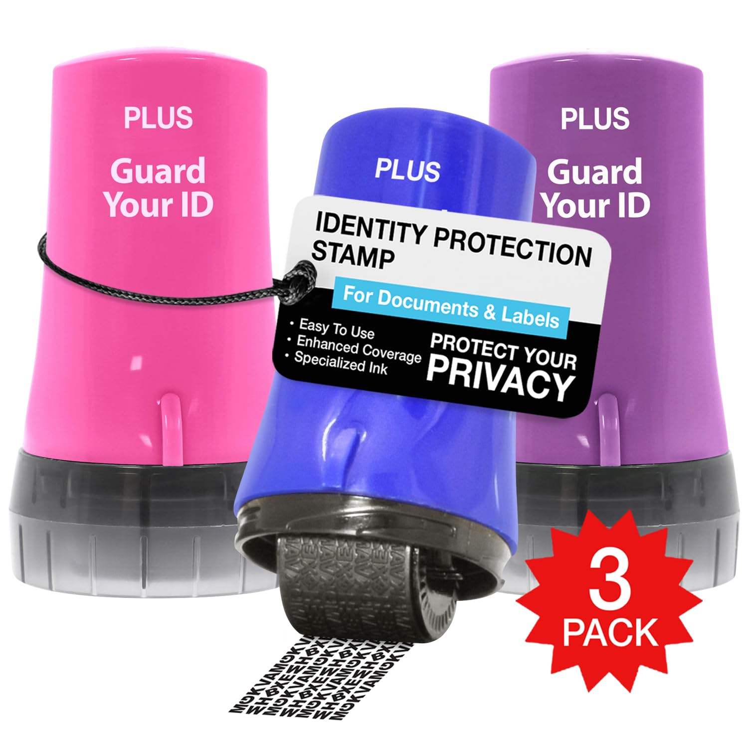 ID Roller 3-Pack - Advanced 2.0 Theft Protection Stamping by Guard Your ID Identity Prevention (Mixed Color: Blue, Pink, Purple)