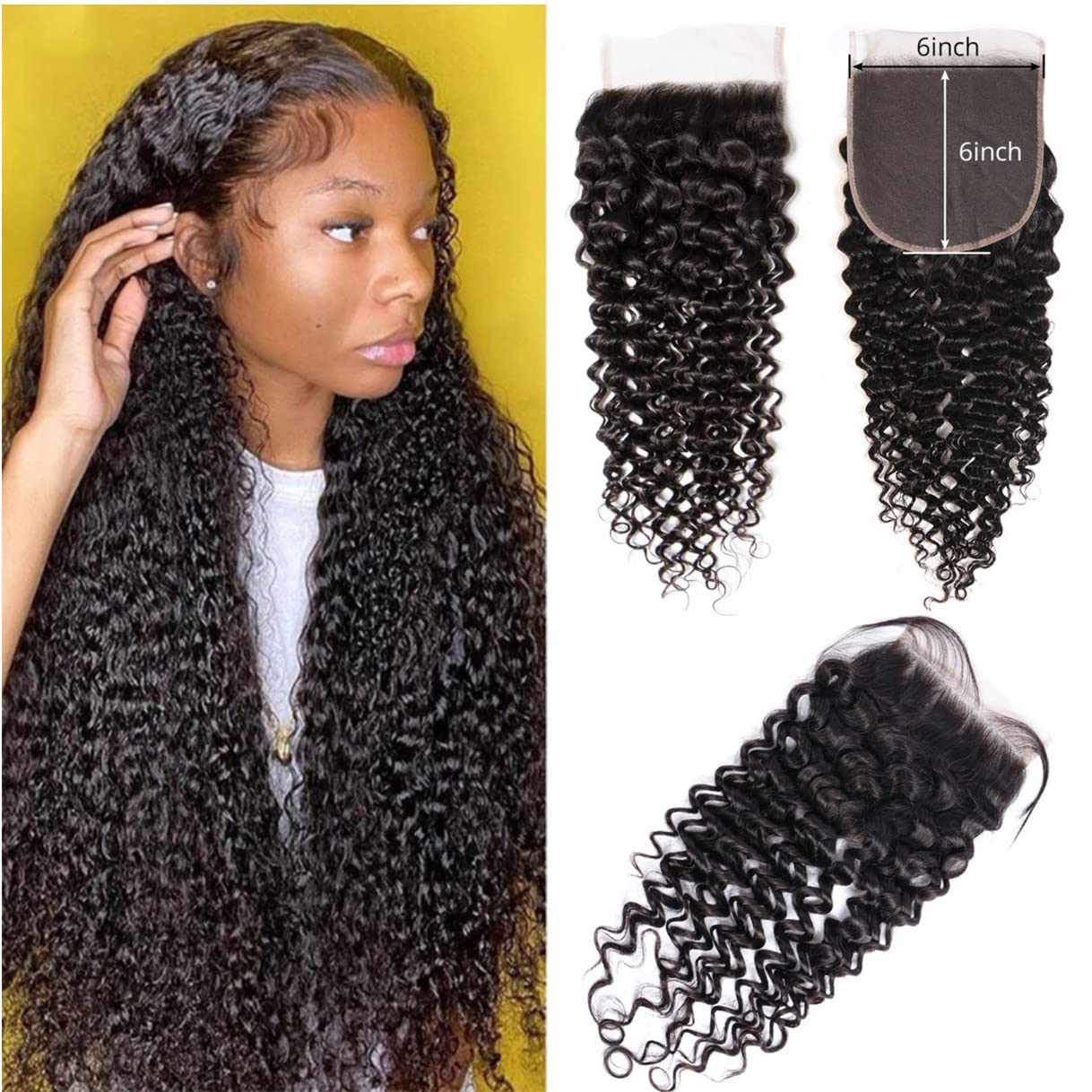Brazilian Kinky Curly 6x6 Lace Closure 100% Unprocessed Human Virgin Hair Pre Plucked Jerry Curly Pre-Plucked Hairline Deep Curly Closure Natural Black With Baby Hair (18inch, curly 6x6 closure)