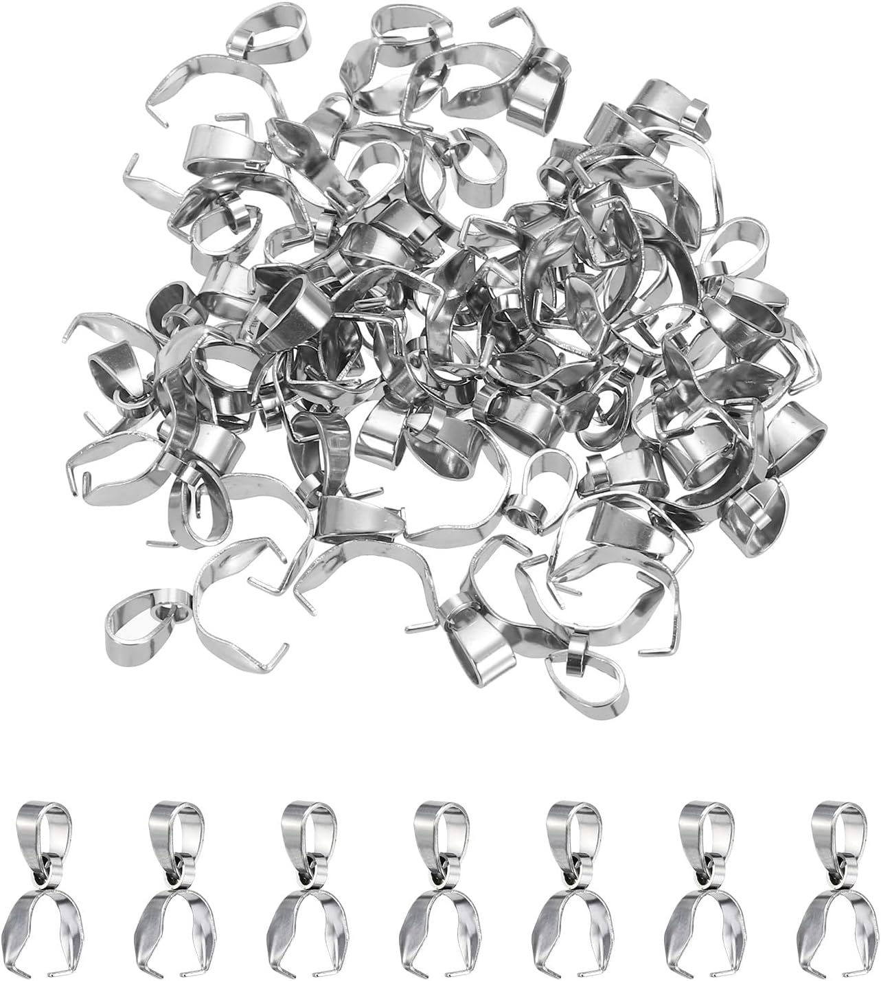 MECCANIXITY 50 Pcs Stainless Steel Pinch Clip, 16mm Pinch Bails Clasp Dangle Pendant Slider Connectors for Jewelry Making Necklace Earring Bracelet, Silver