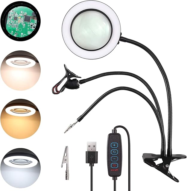 Magnifying Lamp,eSynic 10X Magnifier Lamp Handsfree Magnifying Glass Light USB Powered Clip On with Optical Glass Magnifier Lens, with 10 Brightness Levels & 3 Light Modes for Reading and Working