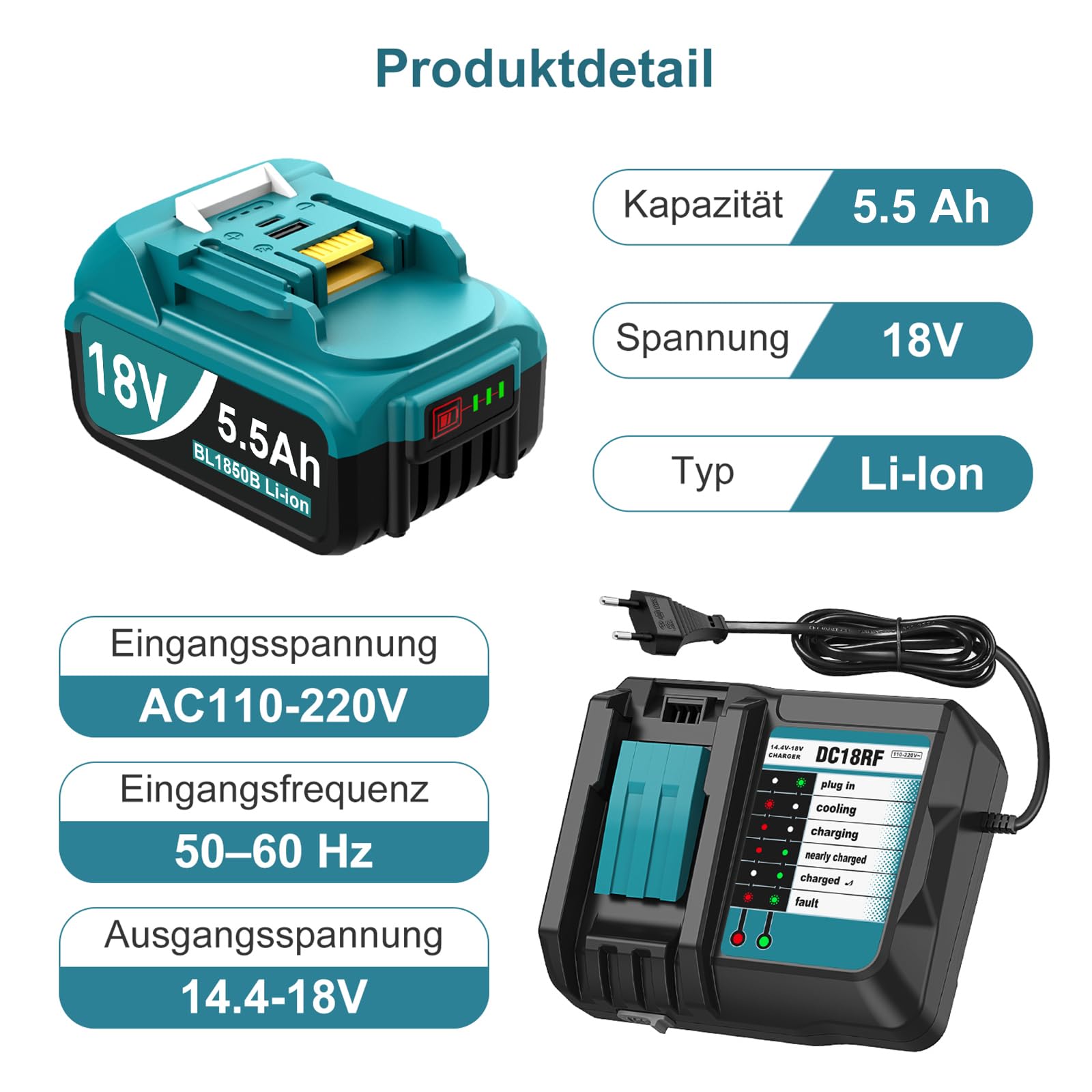 2 x 18V 5,5Ah Ersatzakkus für Makita 18V Akku & 1 x Ersatzladegerät DC18RF mit USB Anschluss, kompatibel mit Makita LXT Akkus BL1860B, BL1850B, BL1840B, BL1830B und Ladegeräten DC18RC, DC18RA, DC18SF