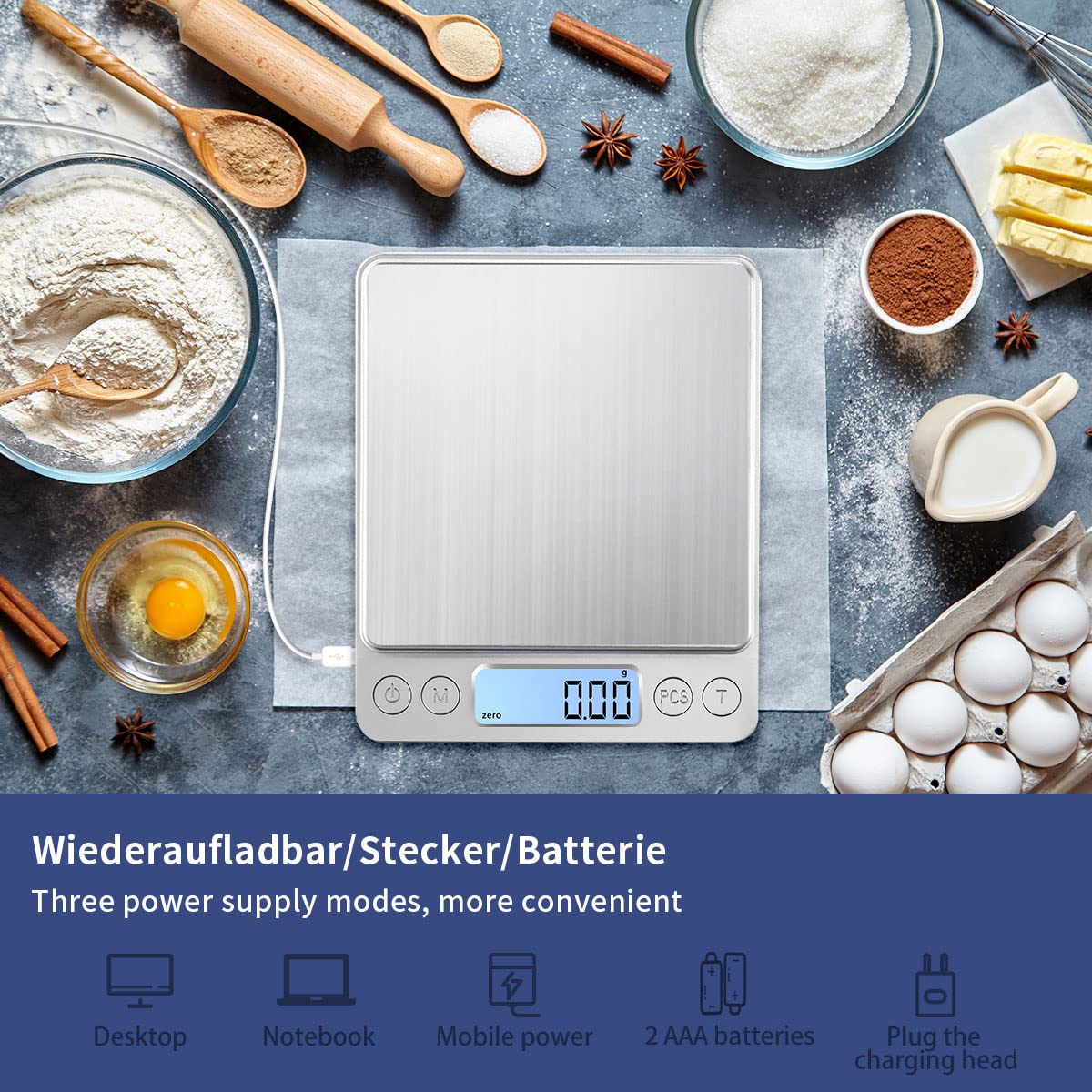 Báscula digital de cocina, 1 kg/0,01 g, carga USB, de alta precisión, báscula digital, báscula de acero inoxidable, perfecta para joyas, monedas, polvos, para hornear