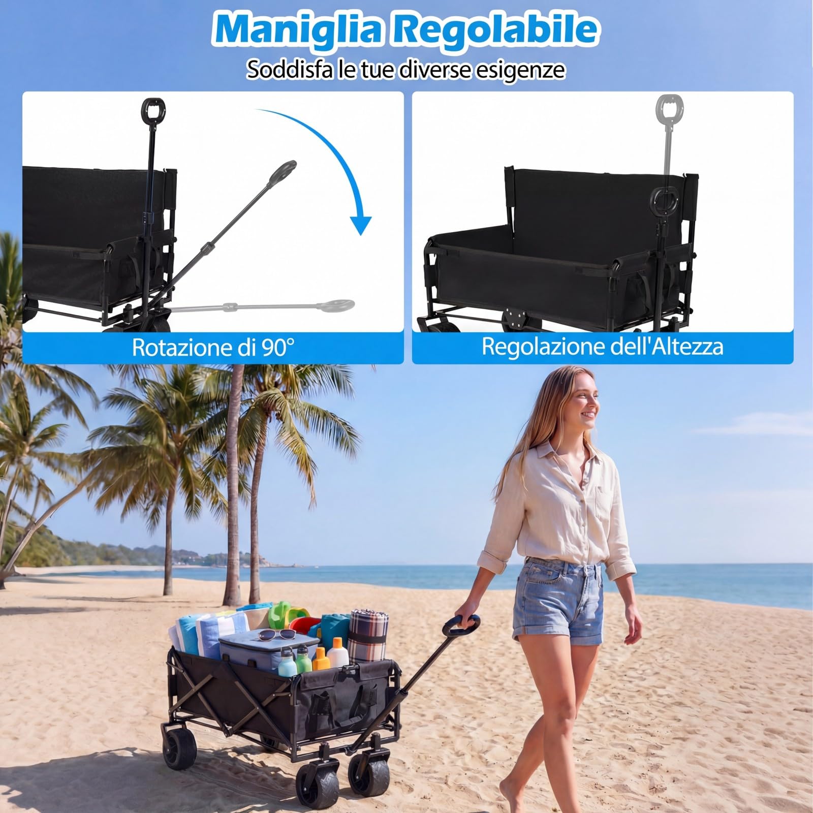 COSTWAY 2 in 1 Carrello Pieghevole con Panca, Carrello Trasportabile con Maniglia Regolabile, Cuscini Morbidi e Ruote, Carrello da Giardino in 600D Oxford, 80 kg, 85 L, per Campeggio e Spiaggia (Nero)