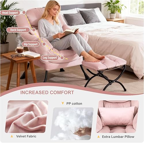 Miniatura 9 de Silla Lazy con otomana, silla decorativa moderna con almohada lumbar, sillas cómodas con reposapiés plegable para dormitorio, lectura, sillas de