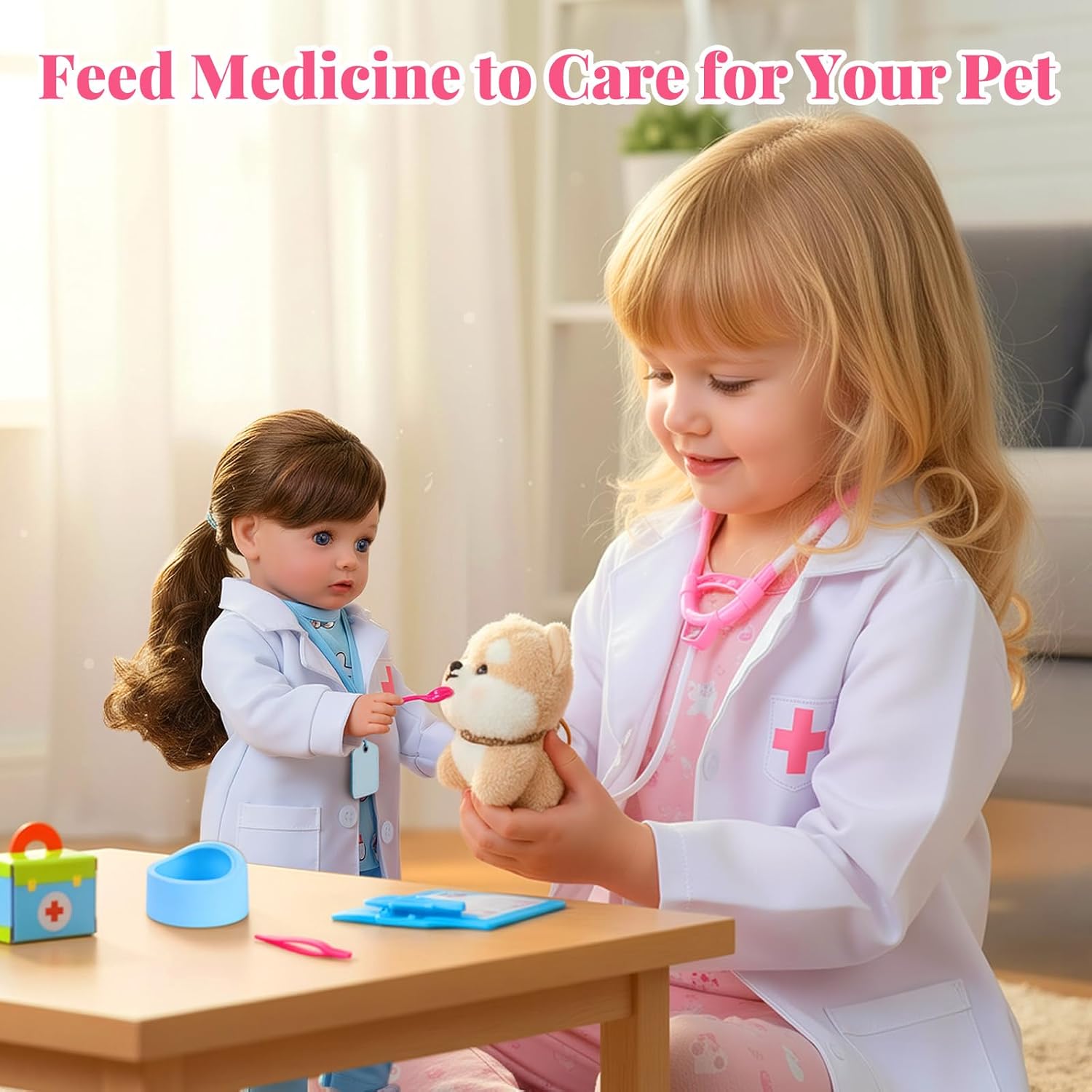 BABESIDE American Realistic Baby Doll Girl - 16-Inch Vet Play Set Dolls with Long Brown Ponytail Complete Toy Accessories for 5+ 6 7 8 9 10 11 12 Years Girl Birthday Gifts, Pretend Play, Christmas