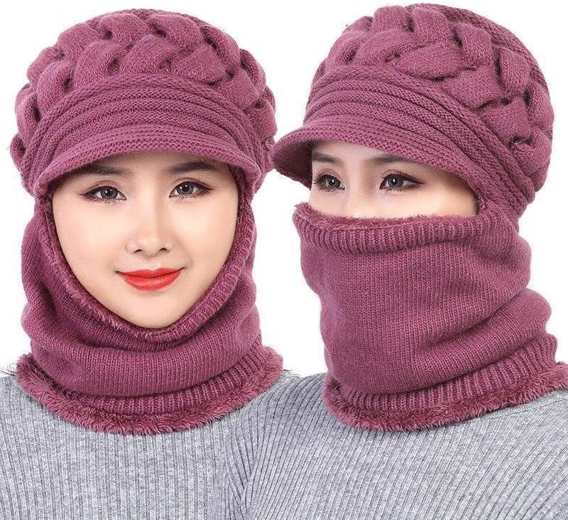 Women Winter Beanie Hat Peruvian Circle Scarf Set Warm Chunky Cable Knit Hats - Soft Stretch Thick Cute Knitted Cap