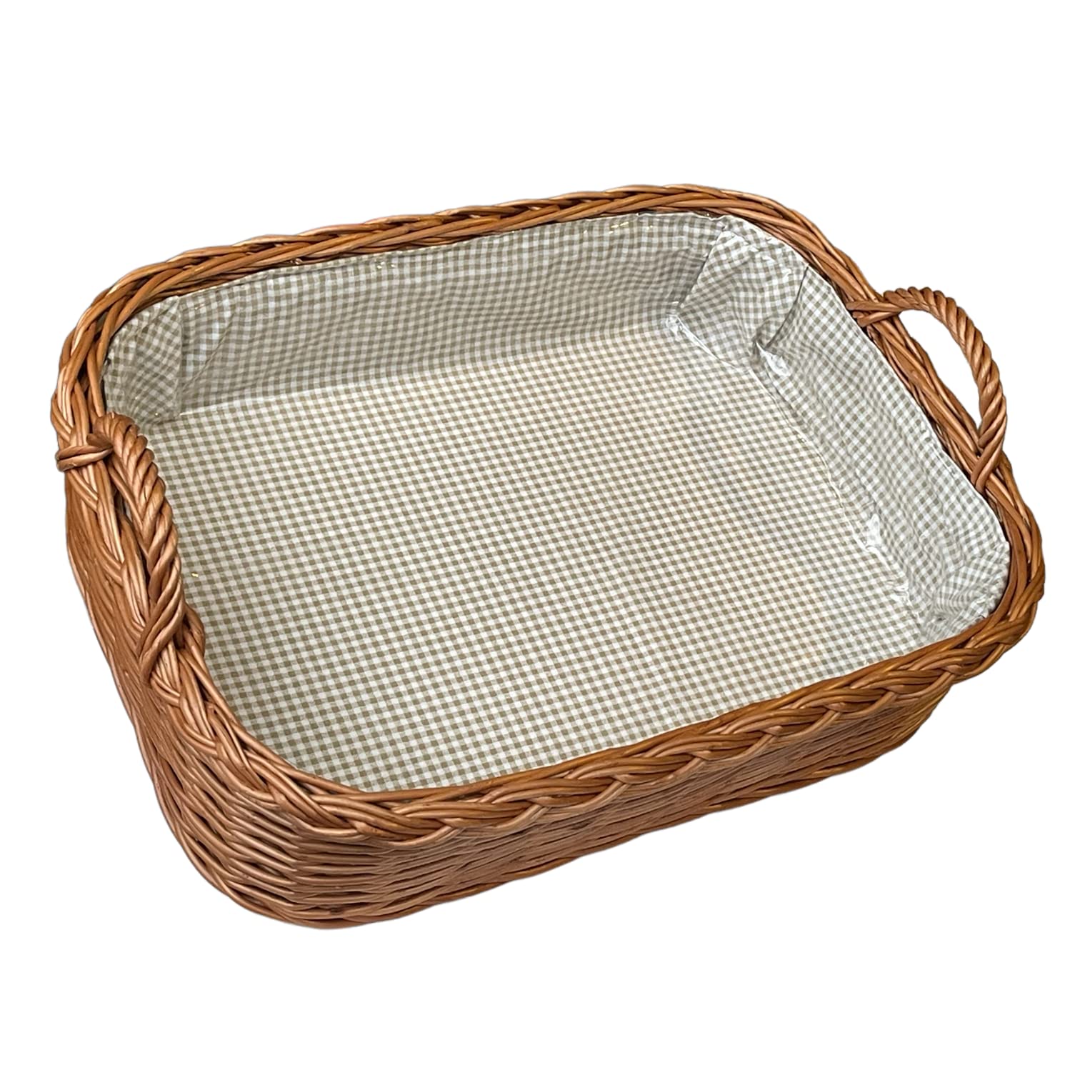 Tablett aus Weide mit Futter Olivegrau kariert..2 Griffe