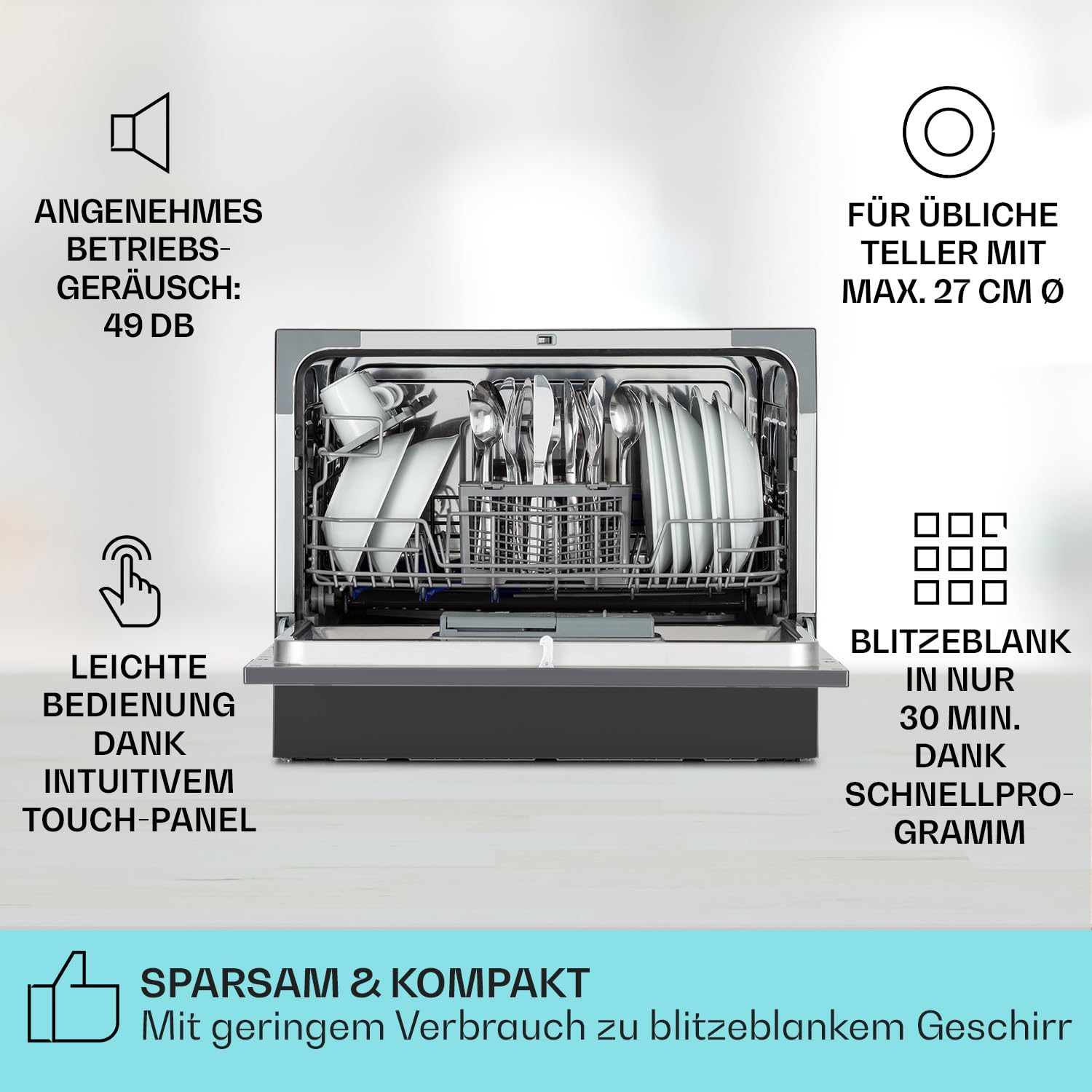 Klarstein Mini-Geschirrspüler 6 Gedecke, Leiser Geschirrspüler Klein, 6 Spülprogramme, Wasseranschluss, Anthrazit