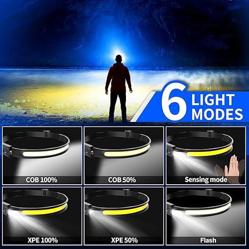Miniatura 2 de Paquete de 6 faros delanteros recargables, faros LED de haz ancho de 230 con 2 focos, sensor de movimiento, faro LED de 5 modos, faros delanteros