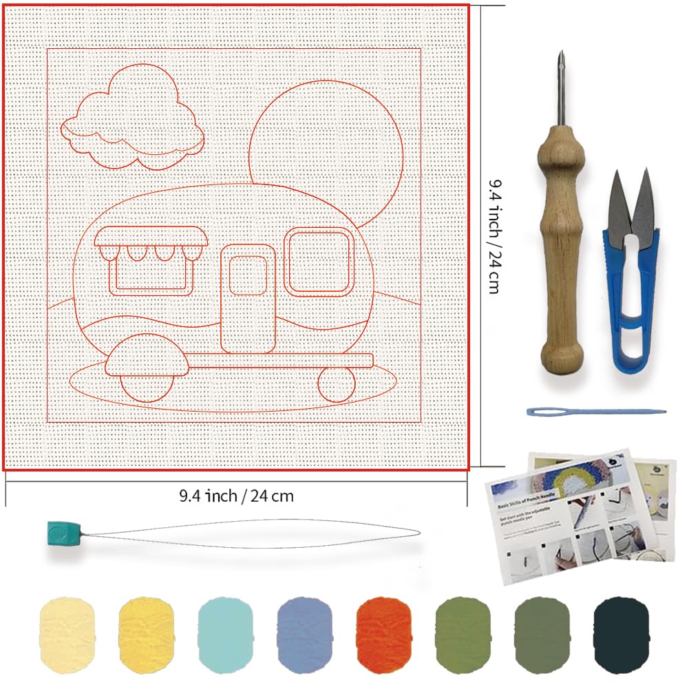 FREEBLOSS Punch Needle Embroidery Starter Kits for Adults Beginners, Framed Punch Embroidery Kit Include Instructions, Punch Needle Fabric with Campervan Pattern, Yarns, Rug Punch Needle Kit