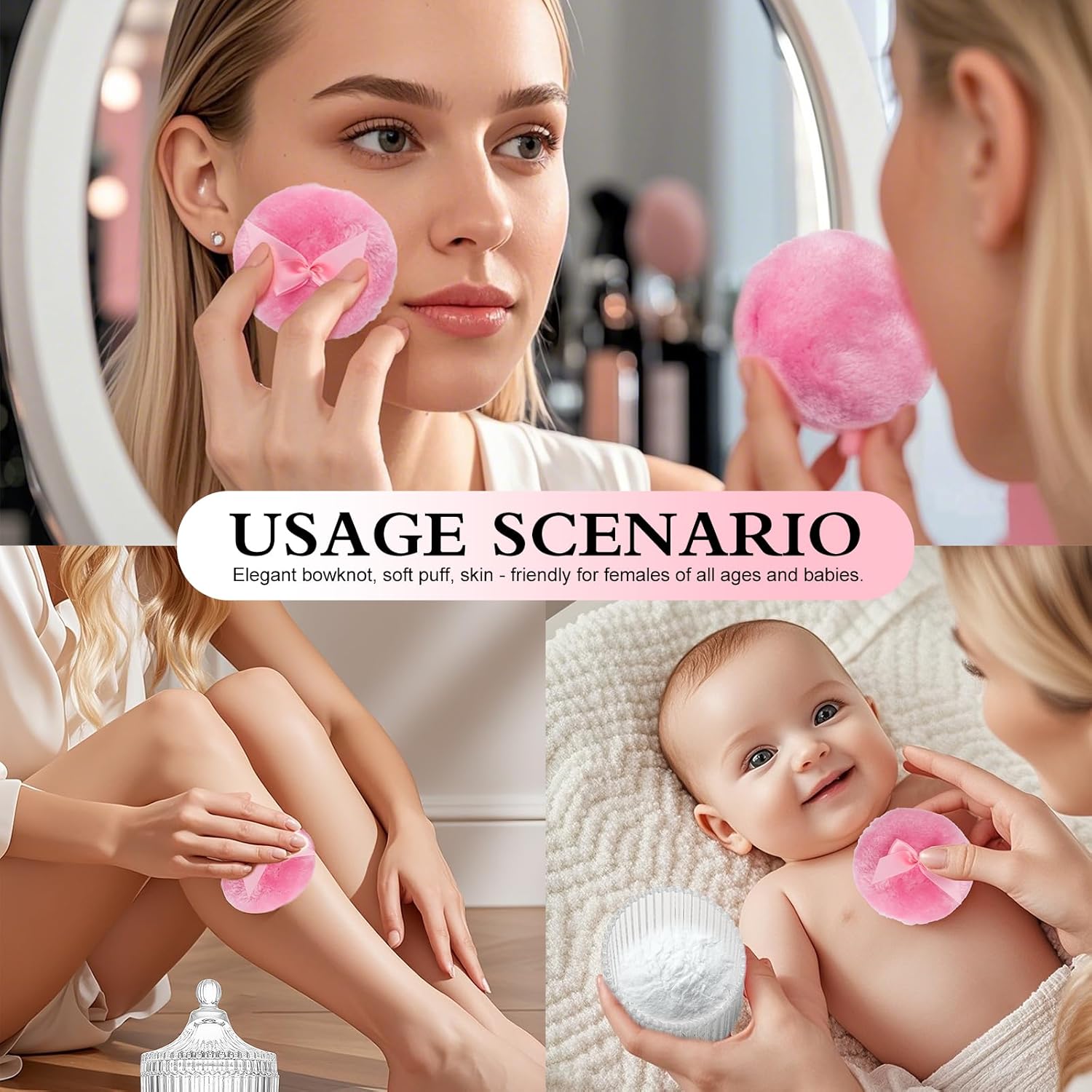 2 Pieces Large Body Powder Puff and Container - Dusting Powder Container with Puff, Crystal Case, Body Powder Puff for Women Soft Washable Reusable Velour Glitter Wet Dry Makeup - Image 3
