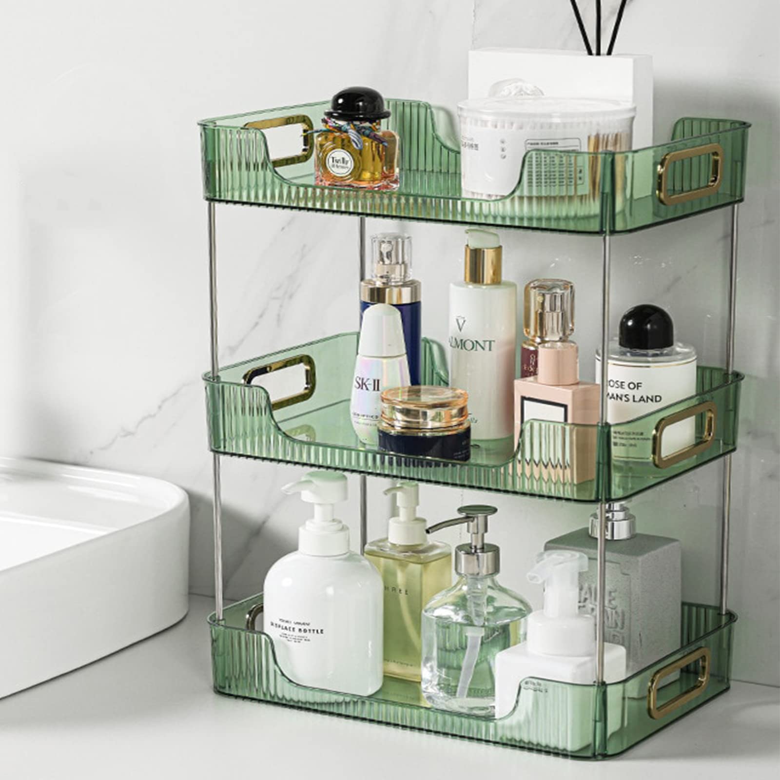 NILYNN Desktop Makeup Storage Rack, 3 Layer Bathroom Organizer Shelf, Cosmetic Storage Rack Vanity Tray Makeup Organizer Storage Tray Kitchen Spice Rack (Green-3 Layer)
