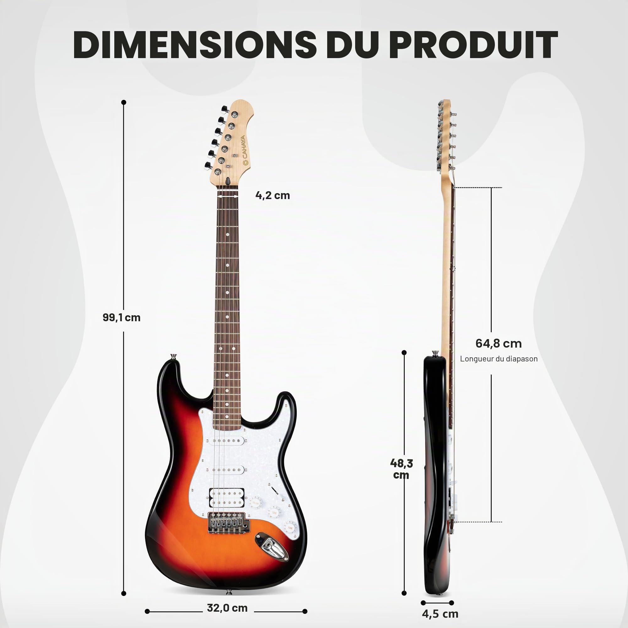 CAHAYA Guitare électrique de 39 pouces: guitare électrique ST avec 3 micros (S-S-H), inclut étui, amplificateur, accordeur, barre whammy et 4 médiators