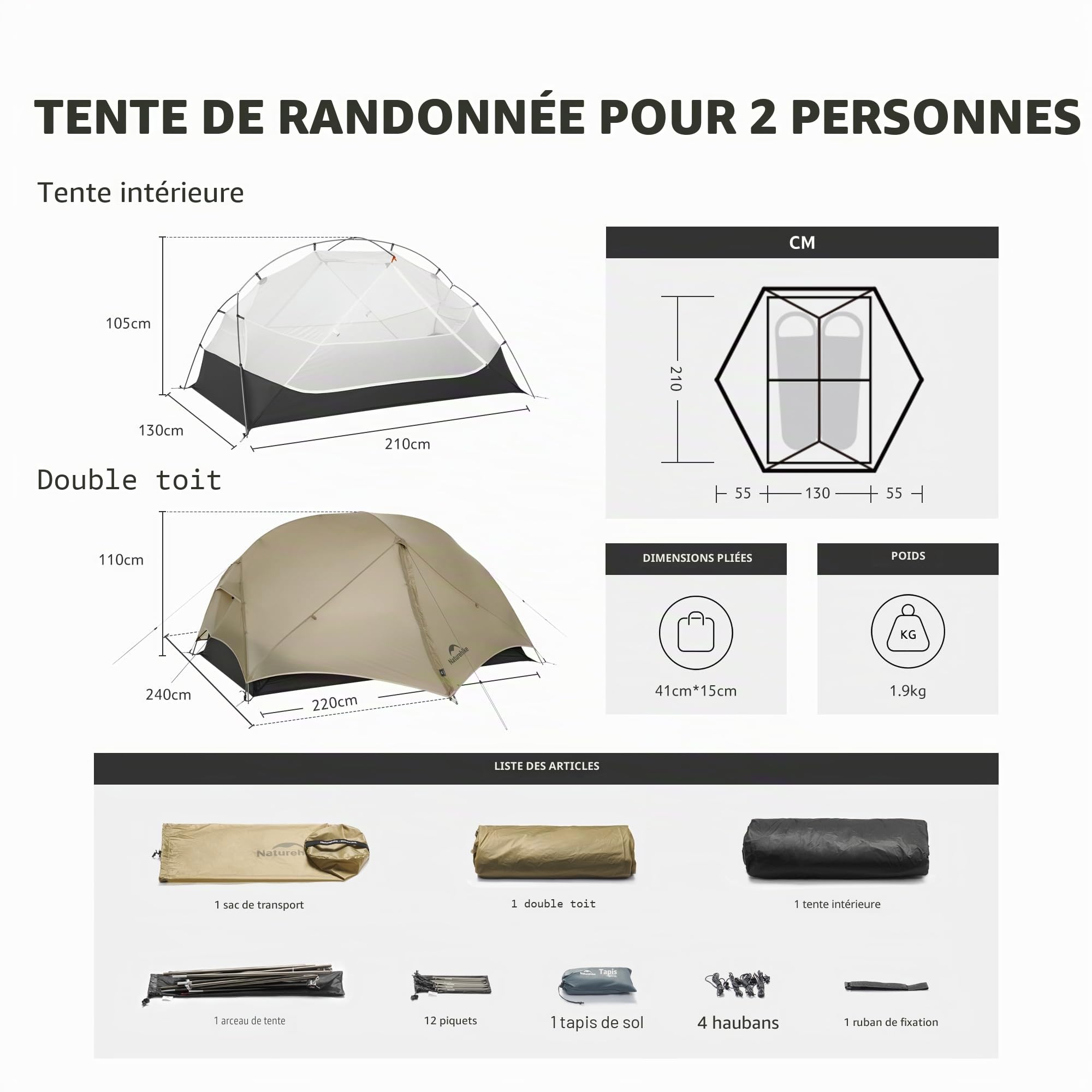 Naturehike Mongar UL Tente Ultra Légère Coupe-Vent Imperméable Double Portable 1/2 Personnes Tente 3-4 Saisons pour Camping Randonnée