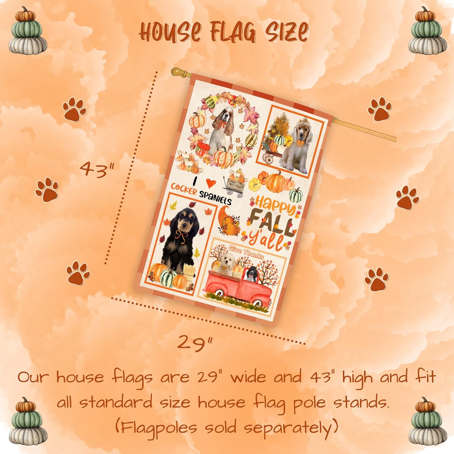 Happy Fall Y'all Cocker Spaniel House Flag 28x40 Double Sided | Full Size Outdoor Fall Harvest | Decorative Art | 40x28 Pet Dog Owners Welcome Flag | Charming Rustic Bright Home Decor