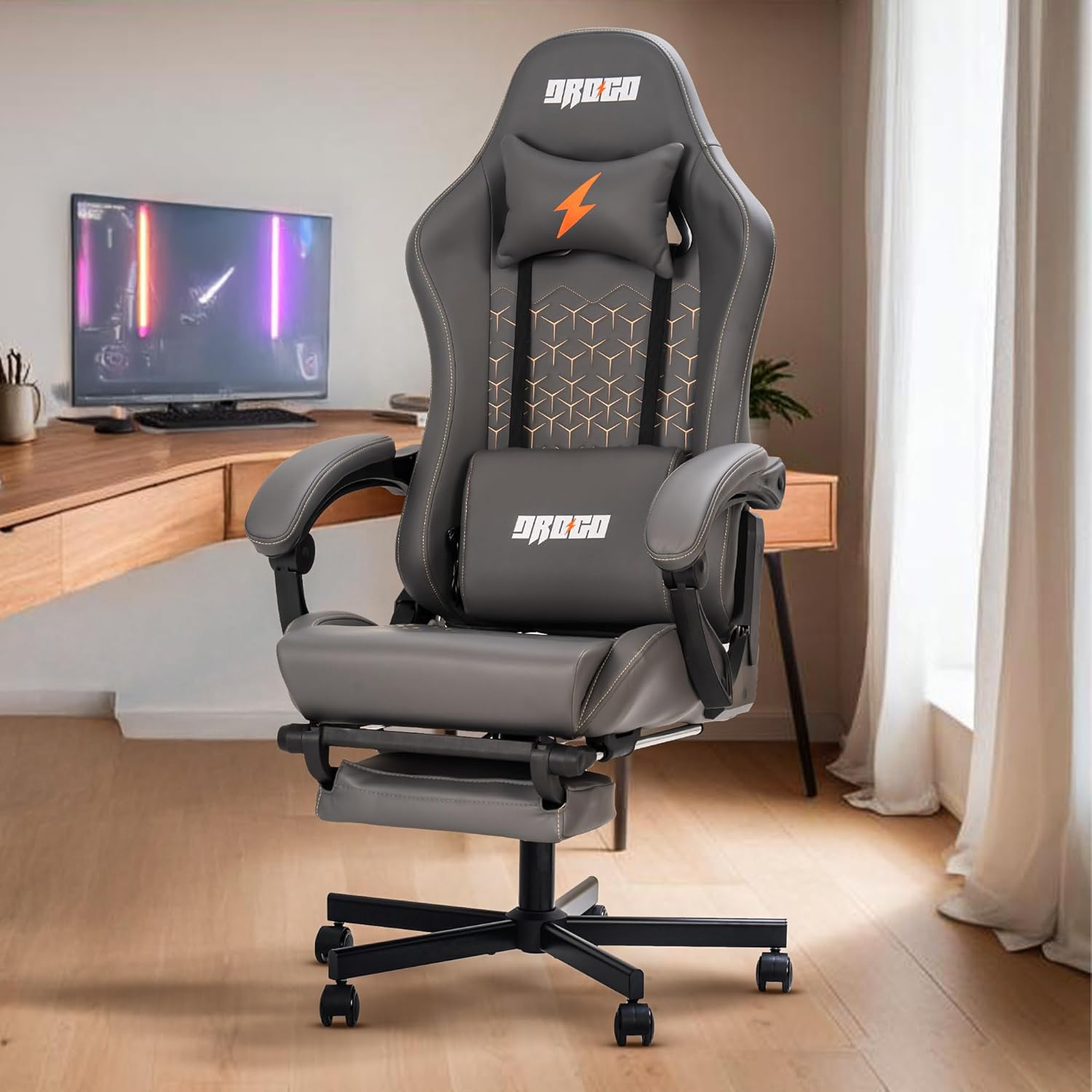 DROGO AetherX Ergonomic Gaming Chair with Premium PU Leather | Computer Chair for Study with Armrest, Neck & Massager Lumbar Pillow | Office Chairs for Work with Recline & Heavy Metal Base (Grey)